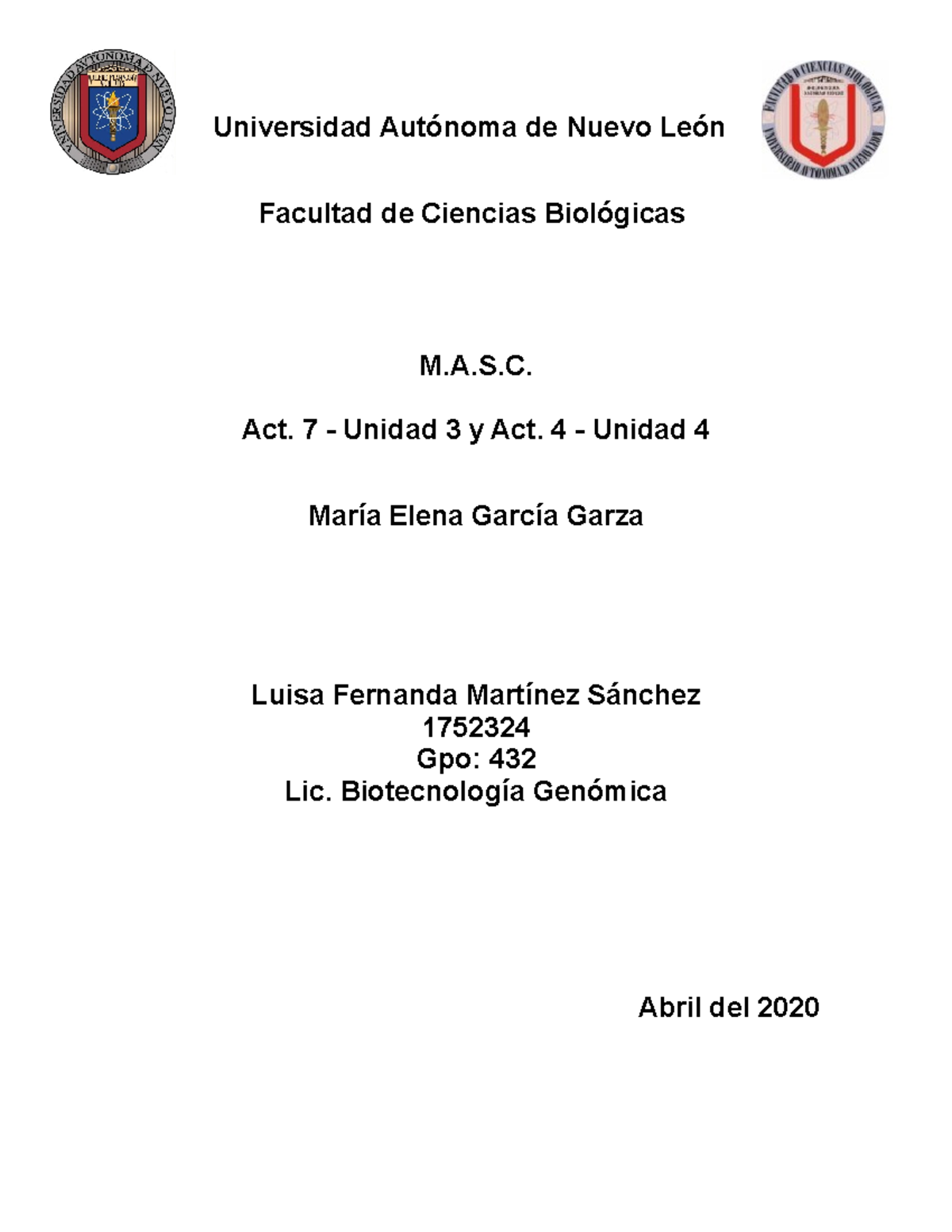 Masc Actividad 7 Y 4 Universidad Autónoma De Nuevo León Facultad De Ciencias Biológicas Mas 1729