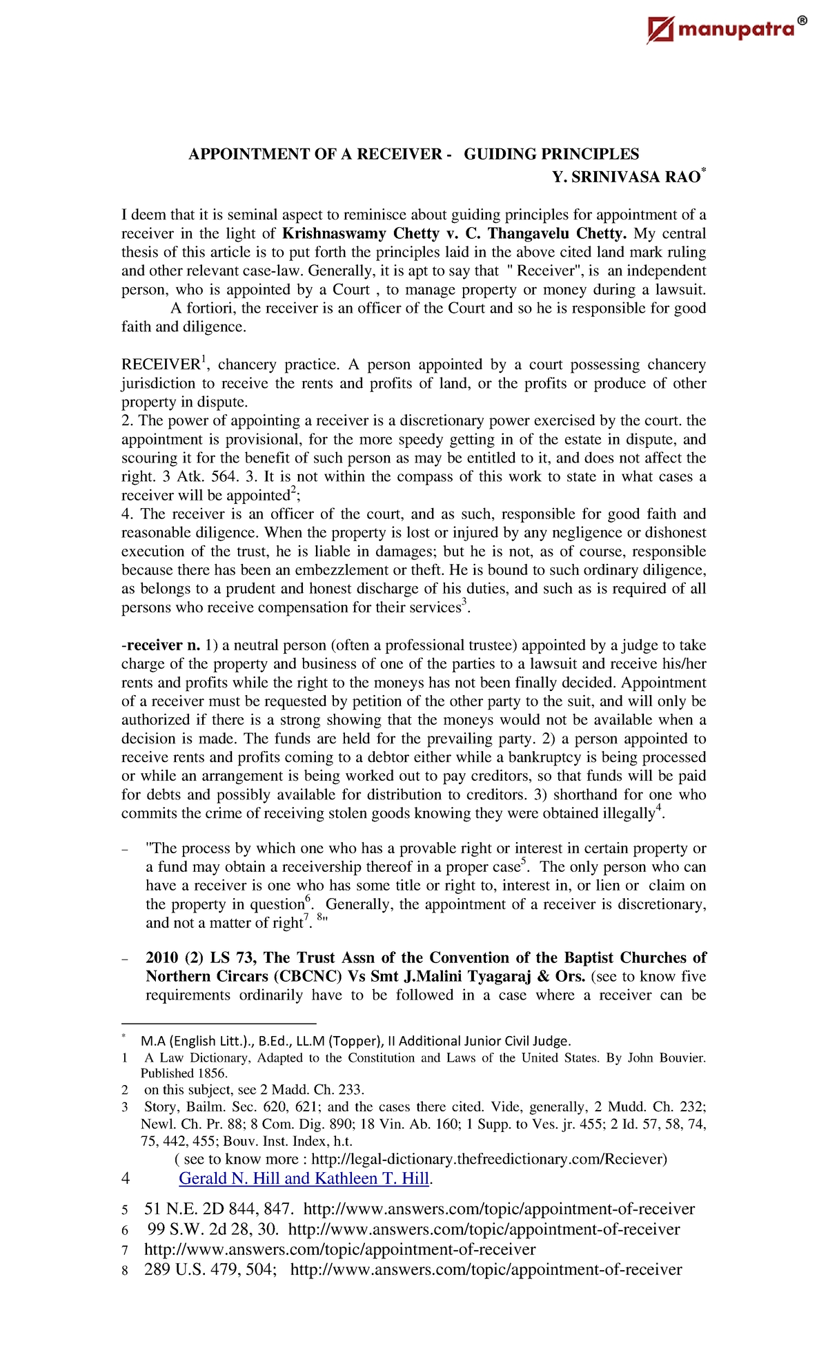 Receiver APPOINTMENT OF A RECEIVER GUIDING PRINCIPLES Y. SRINIVASA