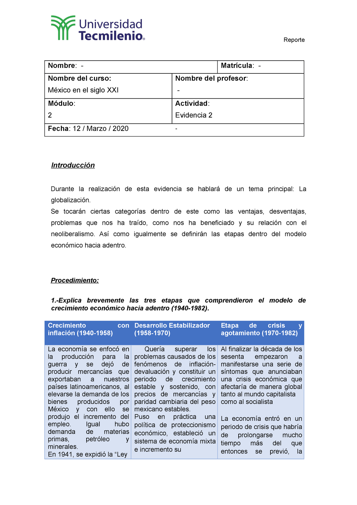 Evidencia-2-México Final - Nombre : - Matrícula : - Nombre del curso:  México en el siglo XXI Nombre - Studocu