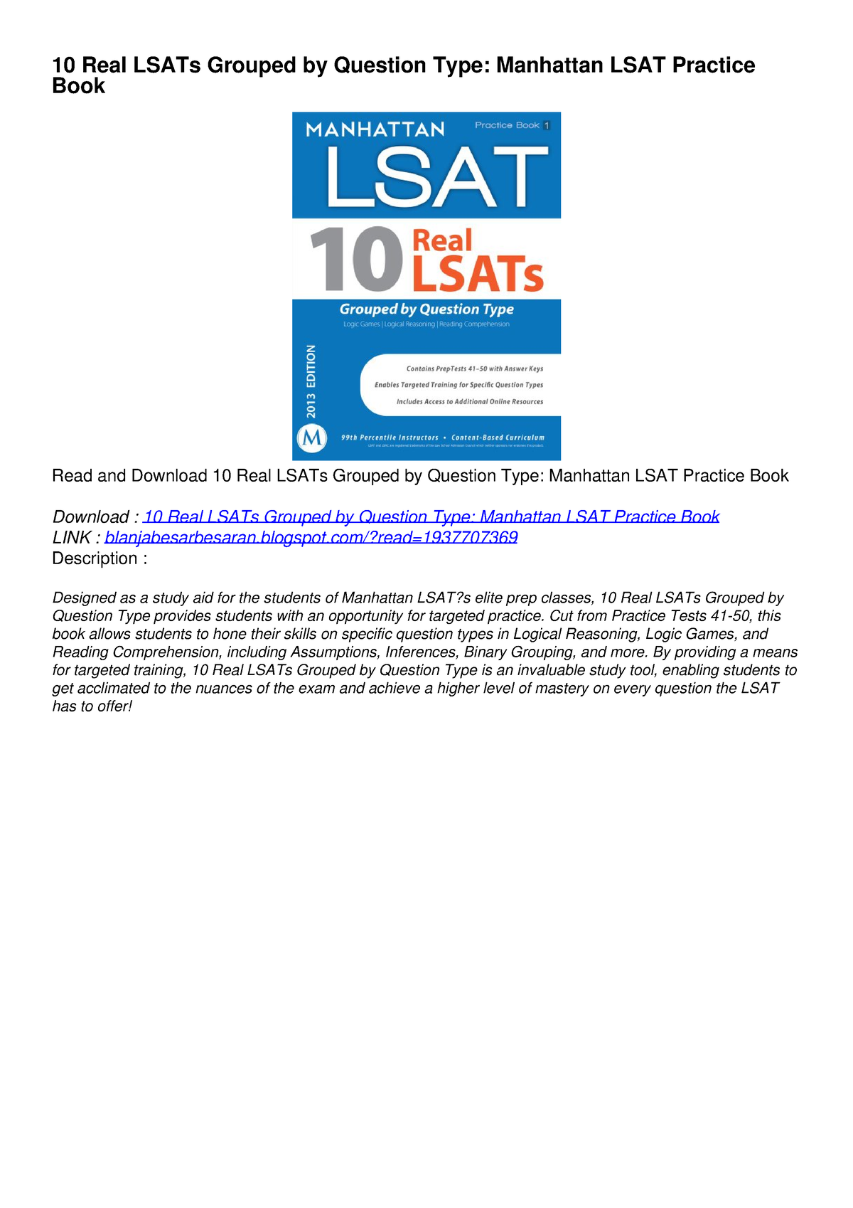 READ [PDF]10 Real LSATs Grouped By Question Type: Manhattan LSAT ...