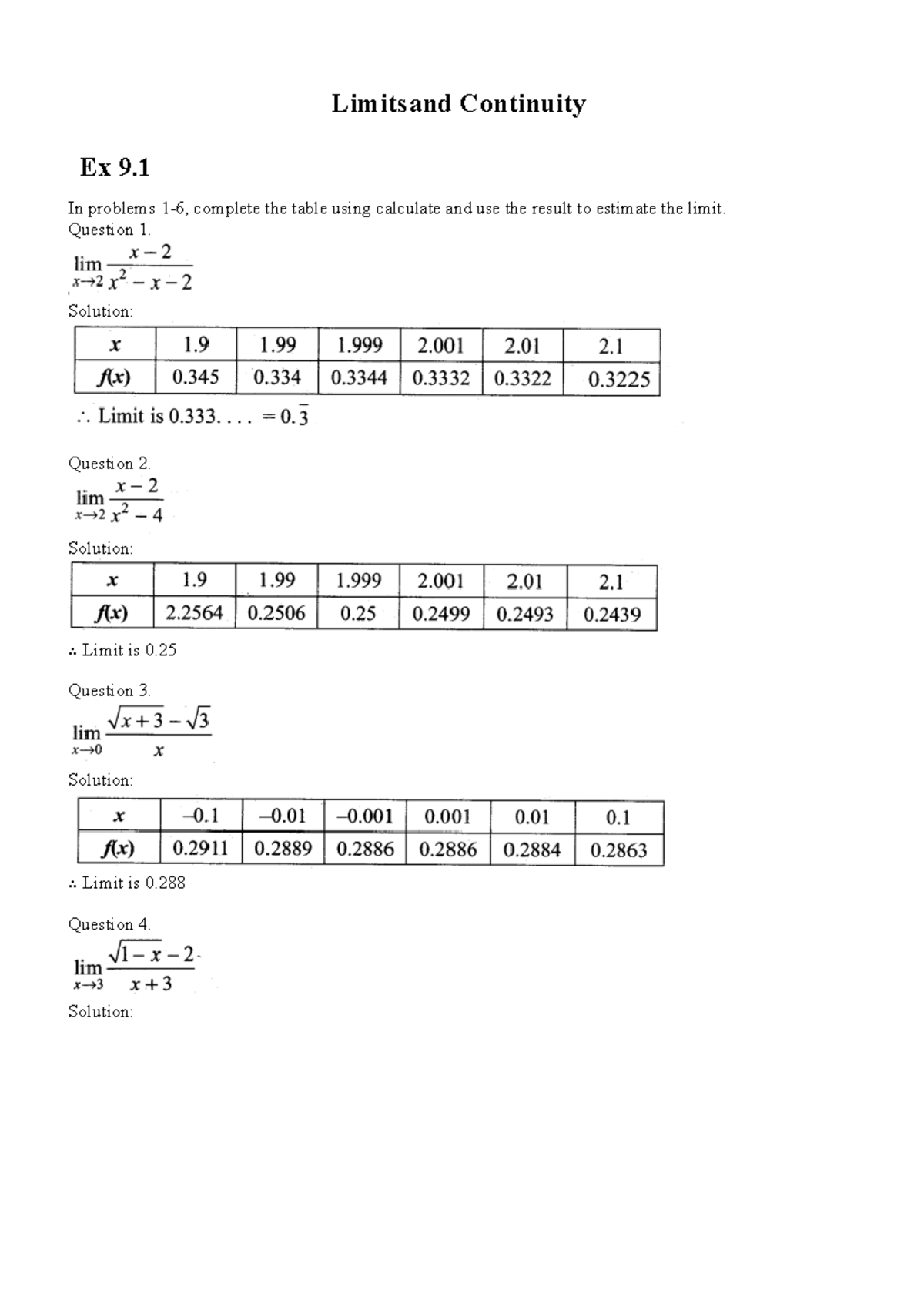 Limits and continuity - In problems 1-6, complete the table using ...