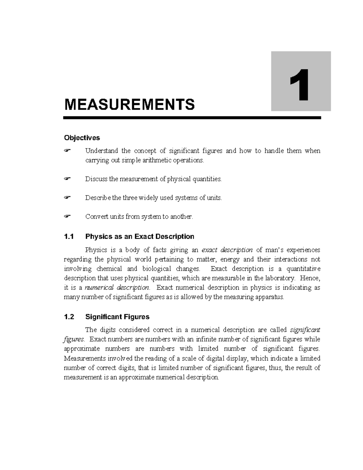 1.0 Physical Quantities and Measurement