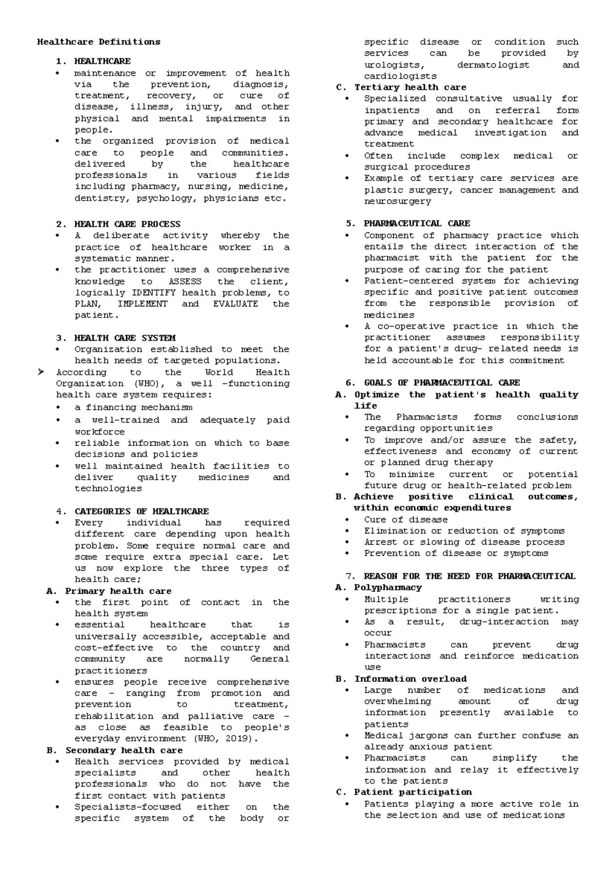 MGSB . Healthcare Definitions HEALTHCARE maintenance or