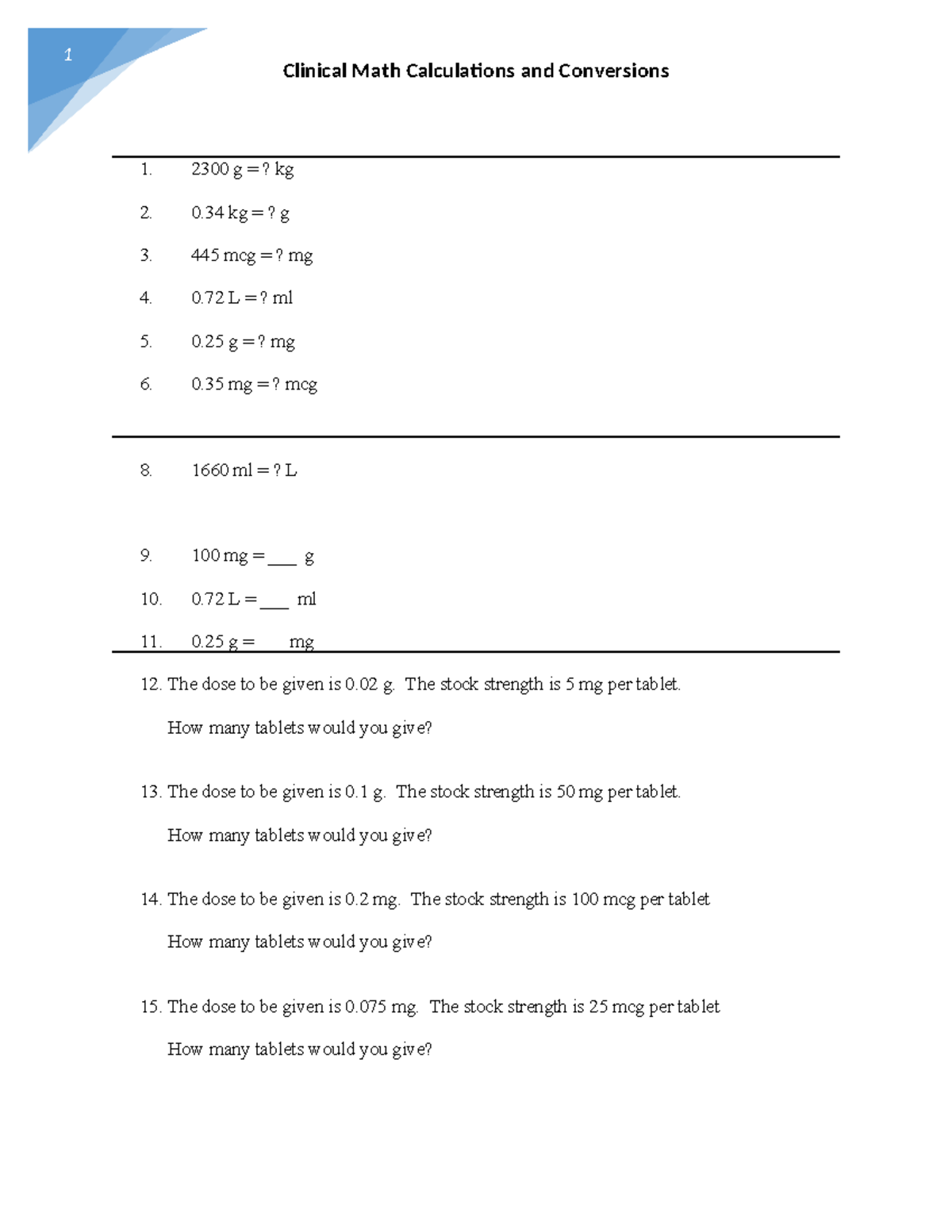 NUR 210 math review - Math questions - Clinical Math Calculations and ...