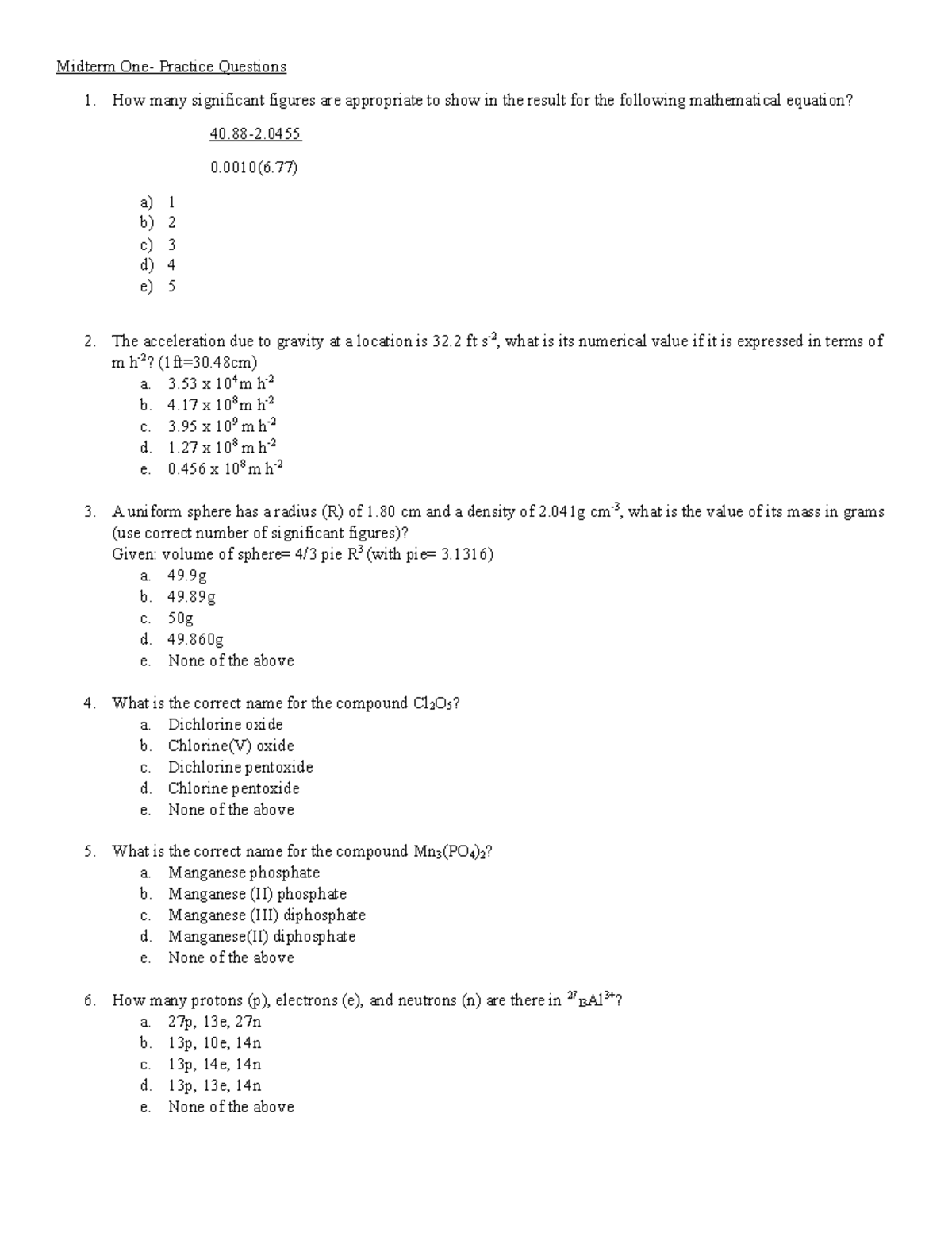 Midterm One- Practice - Chem 112 - Midterm One- Practice Questions How ...