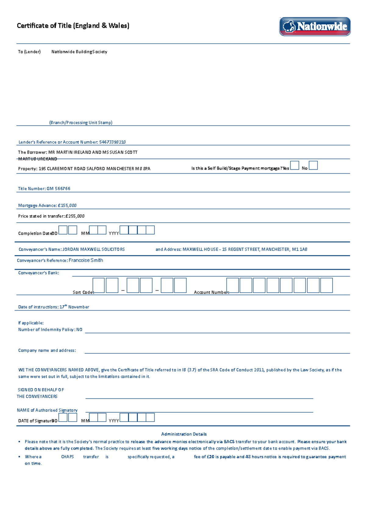 Blank Cert of Title - (Branch/Processing Unit Stamp) Lender’s Reference ...