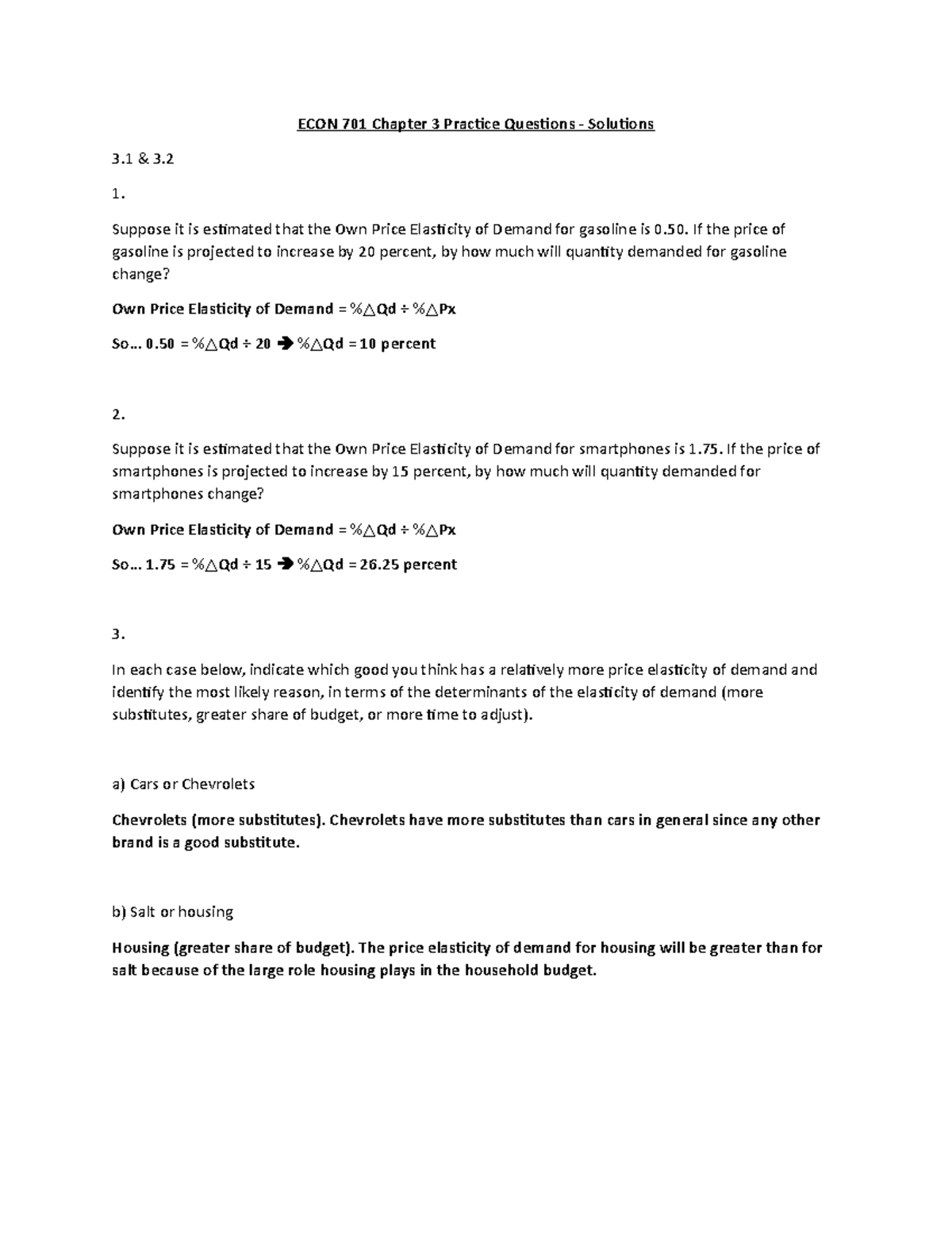 ECON 701 Chapter 3 Practice Questions - Solutions - ECON 701 Chapter 3 ...