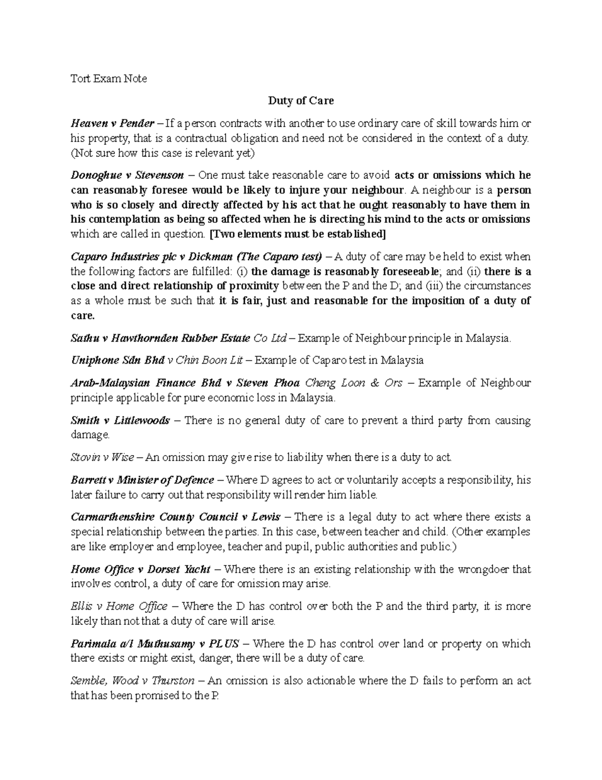 Tort Exam Note Summary Tort II Tort Exam Note Duty Of Care Heaven V