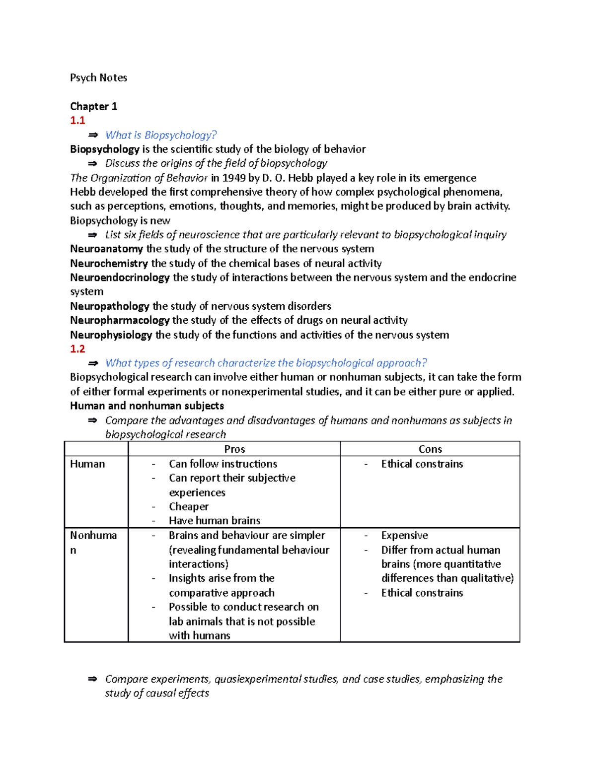 Chapter 1 - ch 1 - Psych Notes Chapter 1 1. What is Biopsychology ...