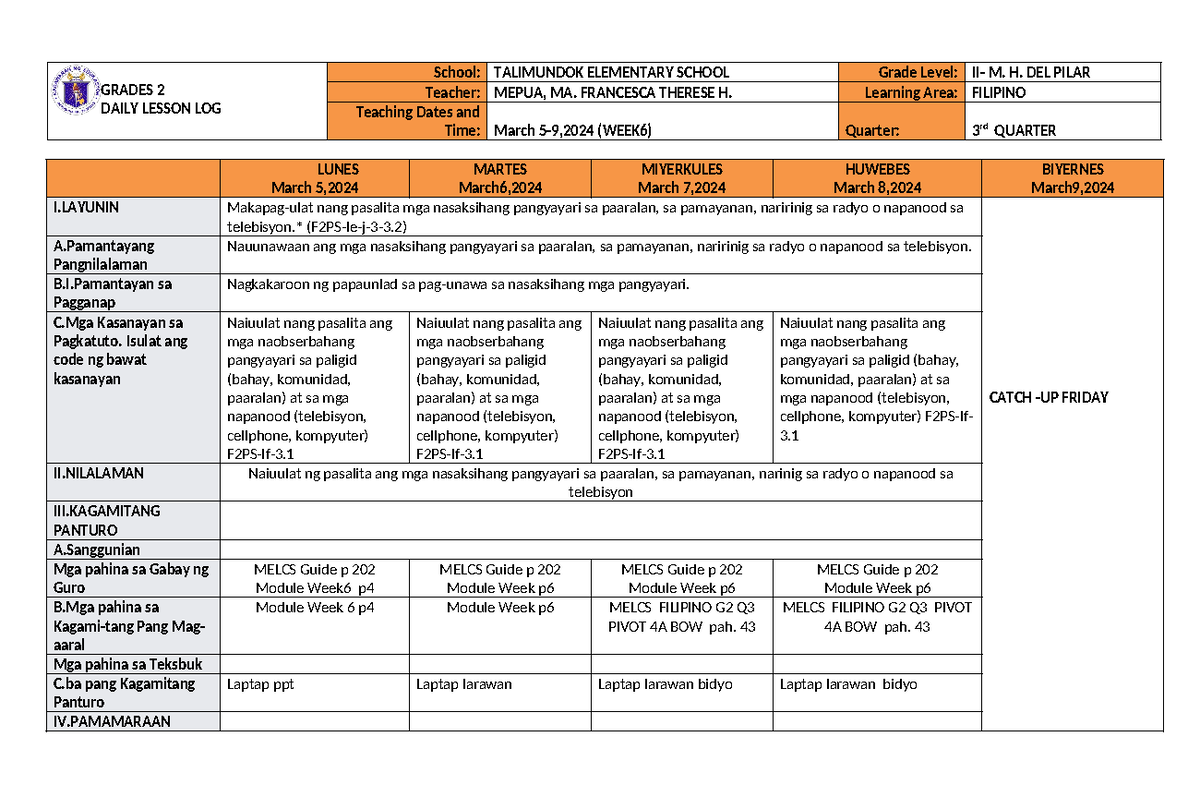 DLL Filipino G2 Q3 WEEK6 with catch up - GRADES 2 DAILY LESSON LOG ...