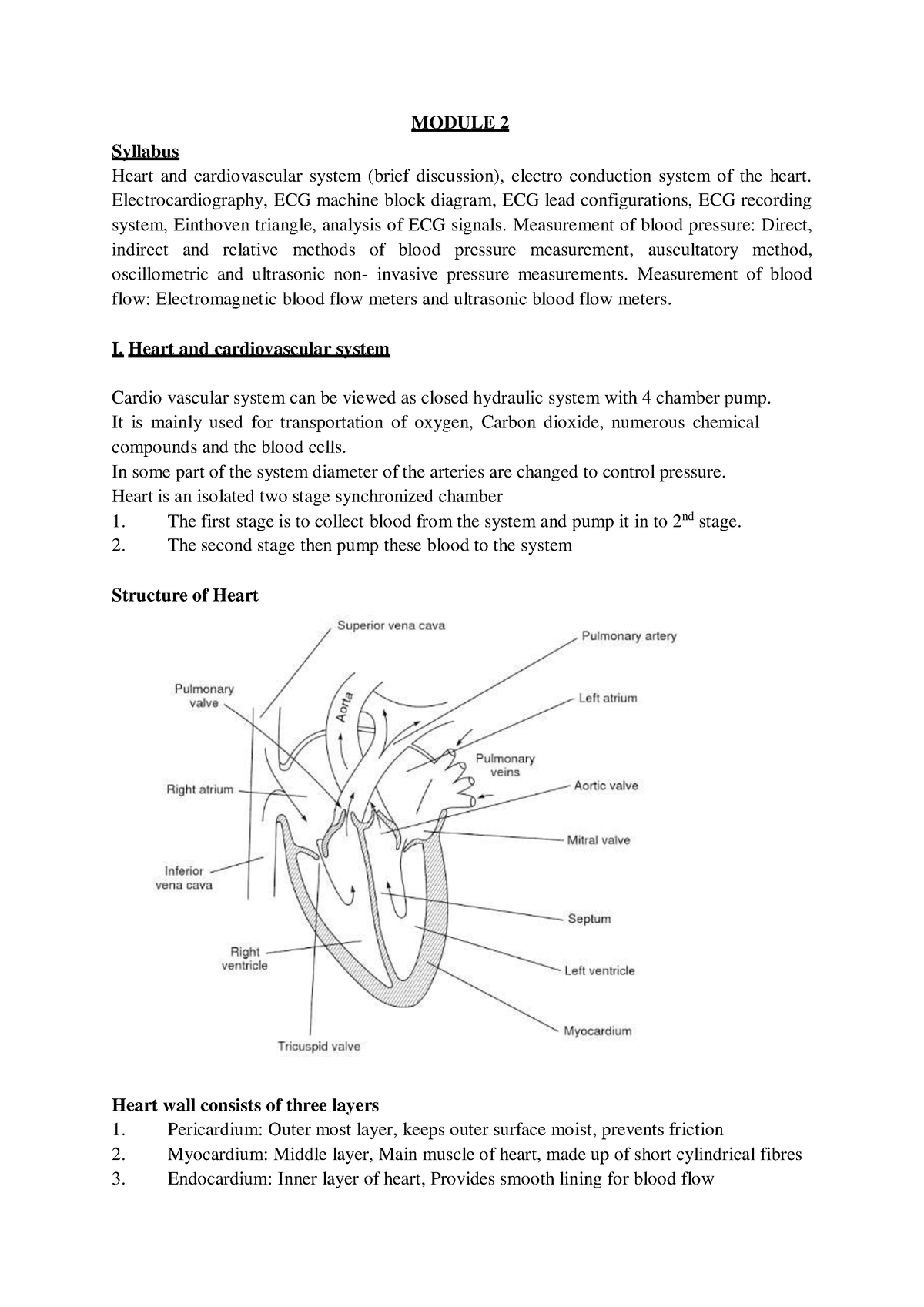 EE372 BMI Module 2 - MODULE 2 Syllabus Heart and cardiovascular system ...