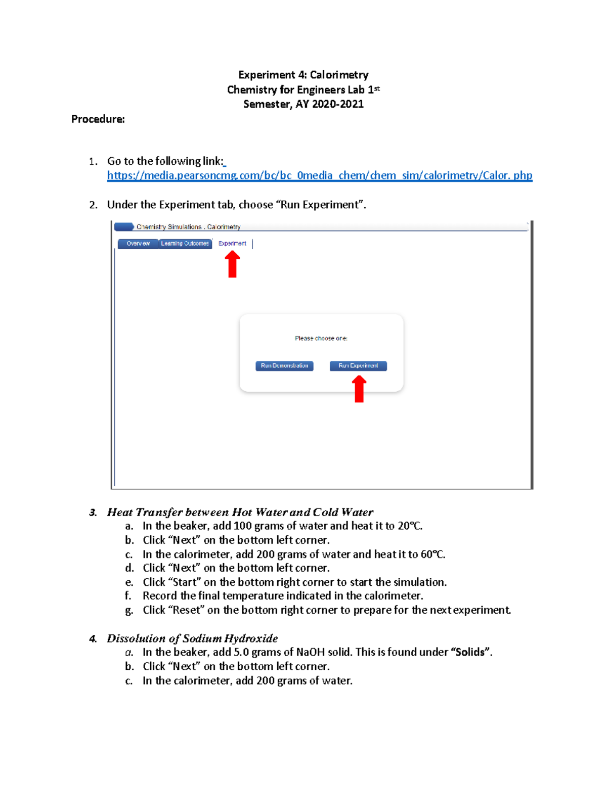 Group 14 CalorimetrySimulation Procedure Experiment 4 Calorimetry