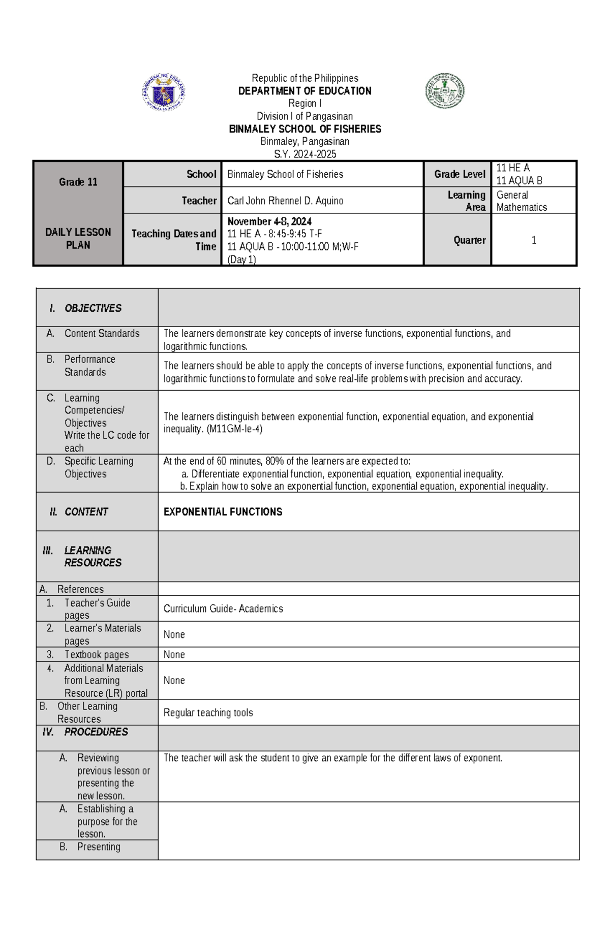 DLP Gen Math Nov. 4-8 - Daily Lesson Plan - Republic of the Philippines ...