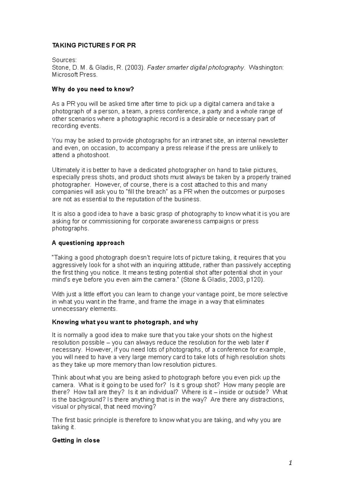 Notes for Photography - provide photographs for an intranet site, an ...