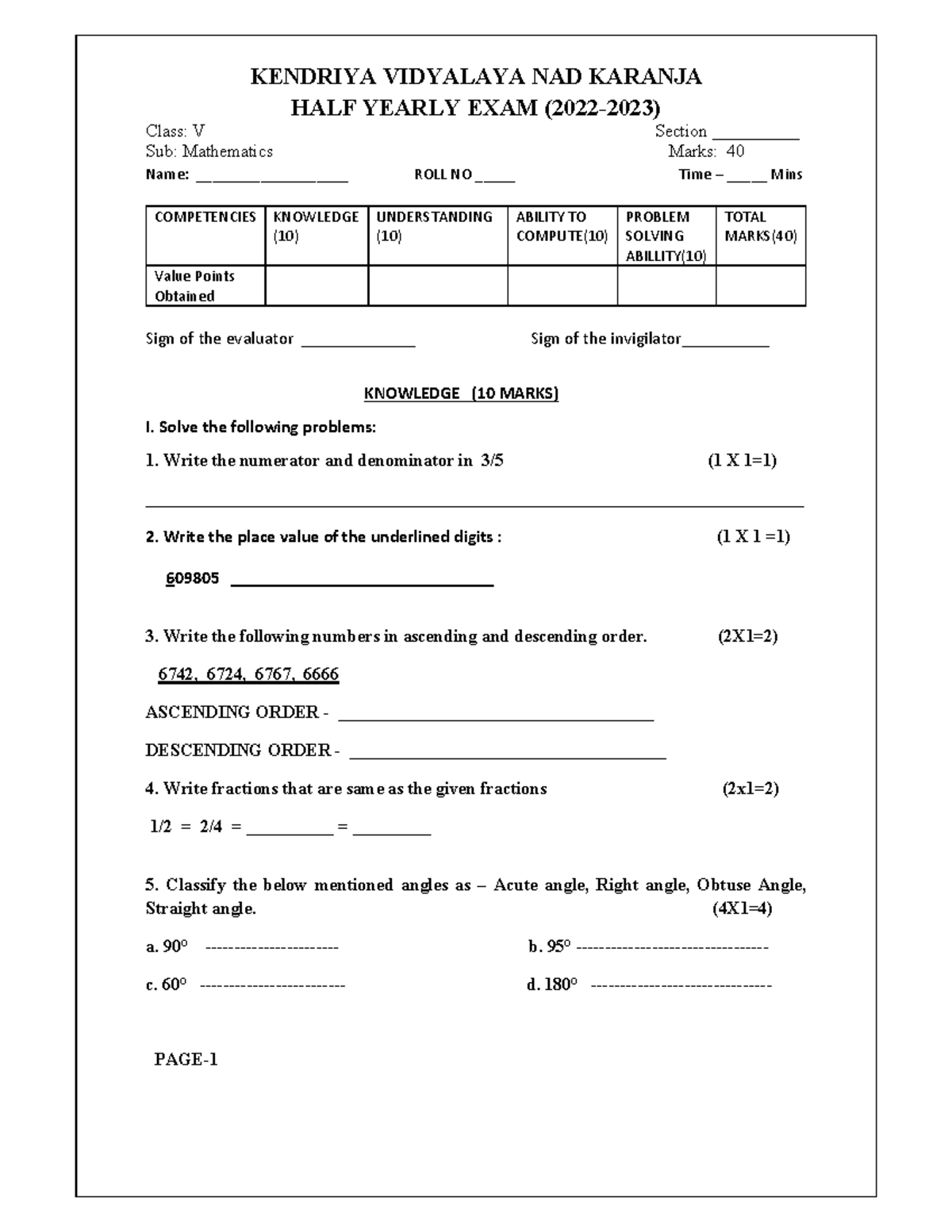 HALF Yearly Class 5 Maths KENDRIYA VIDYALAYA NAD KARANJA HALF YEARLY