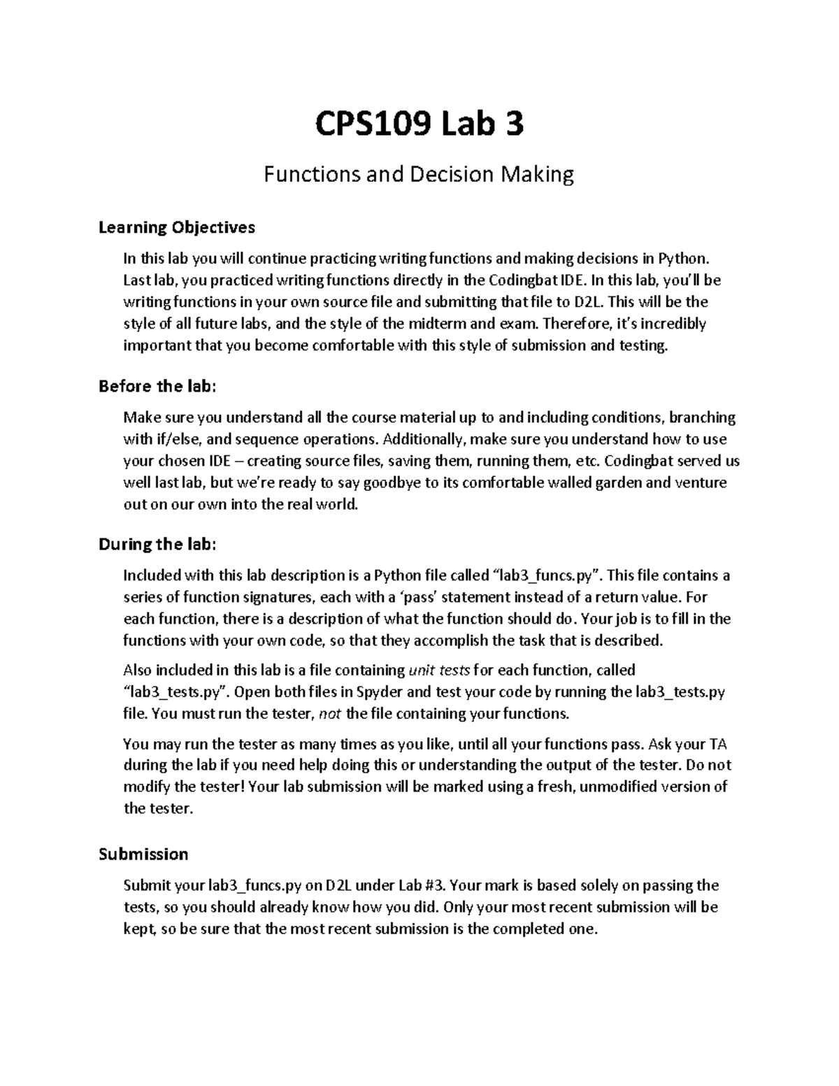 Cps109 lab3 - ssss - CPS109 Lab 3 Functions and Decision Making ...