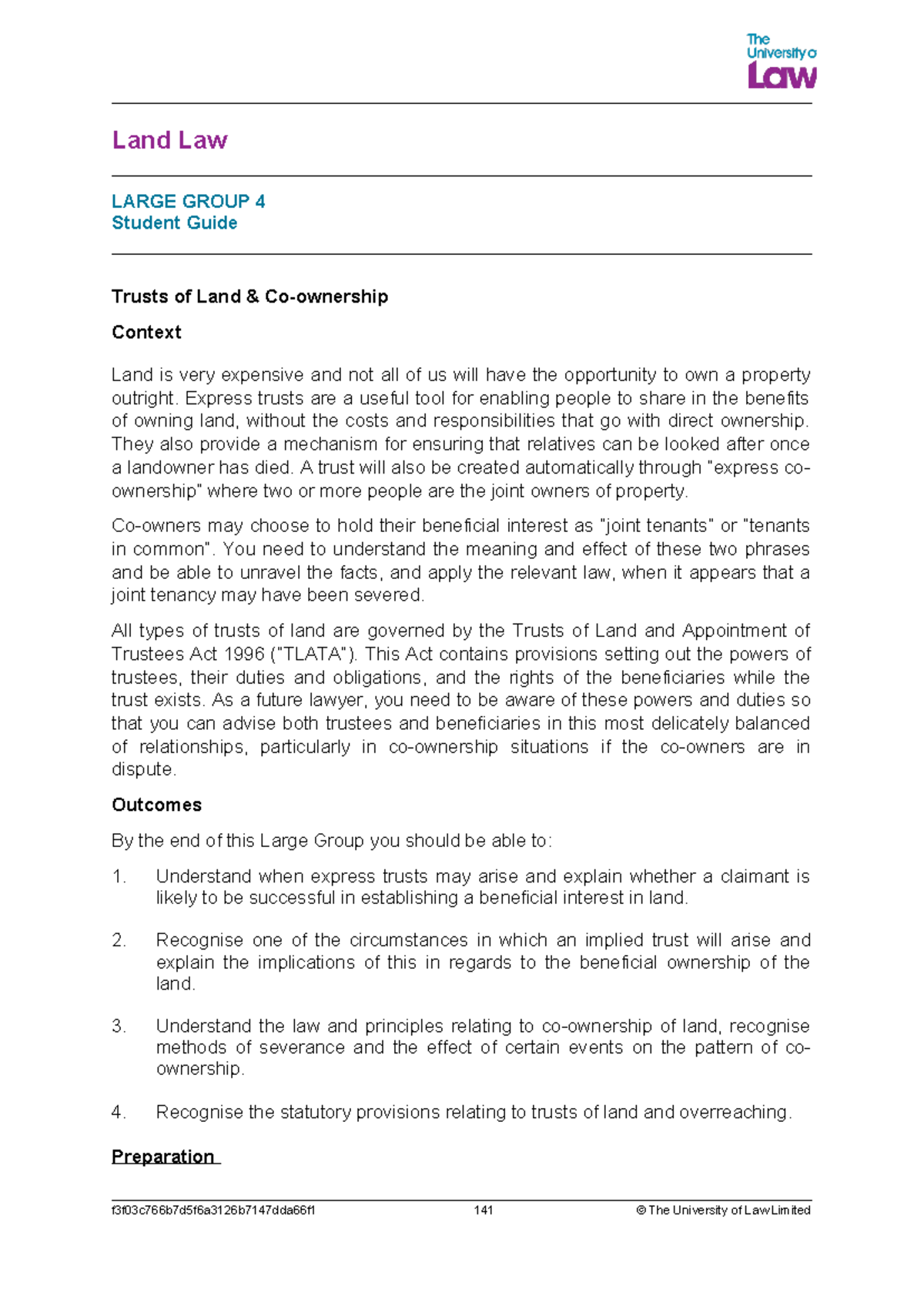 S.G Unit 4 - notes - Land Law LARGE GROUP 4 Student Guide Trusts of ...