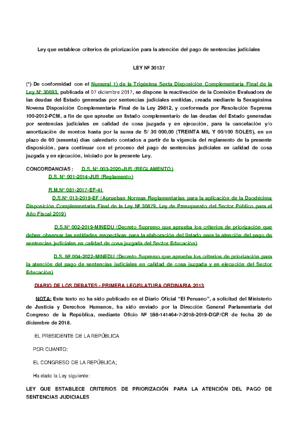 LEY DE PRIORIZACIÓN DE PAGOS JUDICIALES - Ley que establece criterios ...