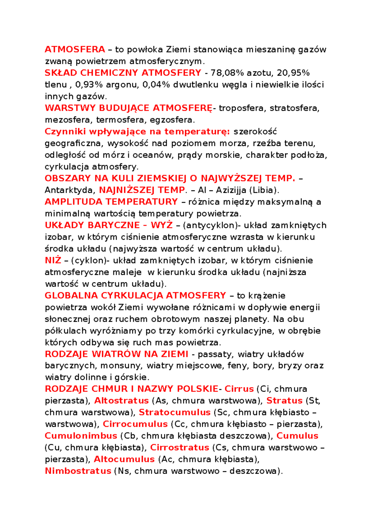 Geografia, Atmosfera - ATMOSFERA – to powłoka Ziemi stanowiąca