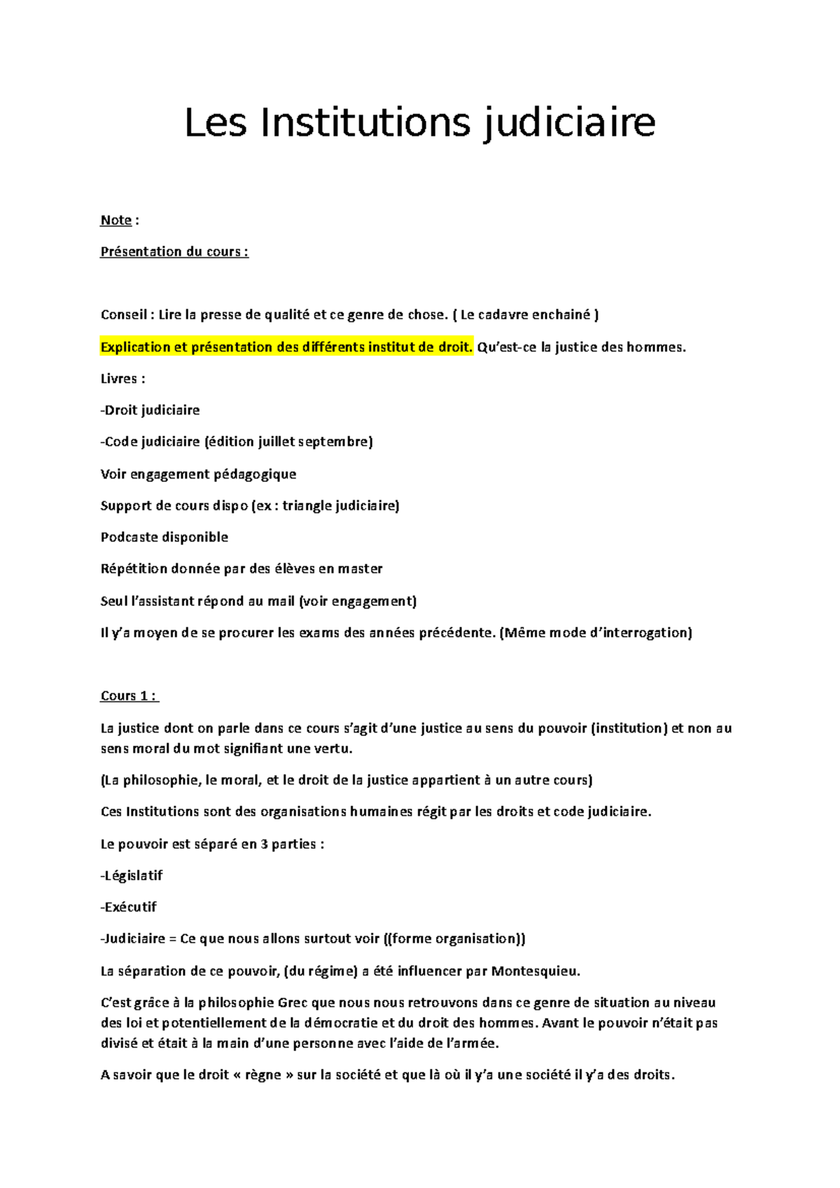 Les Institutions judiciaire note pas complète - Les Institutions ...