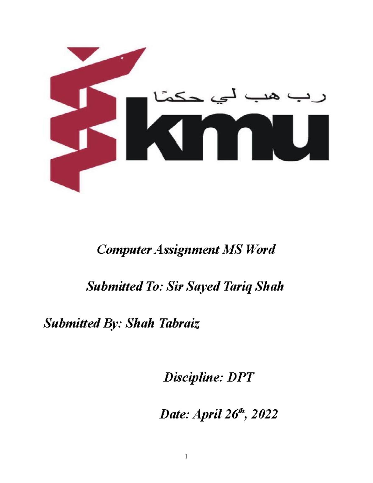 Shah Tabraiz Lab Manual of Ms word 1 Computer Assignment MS Word