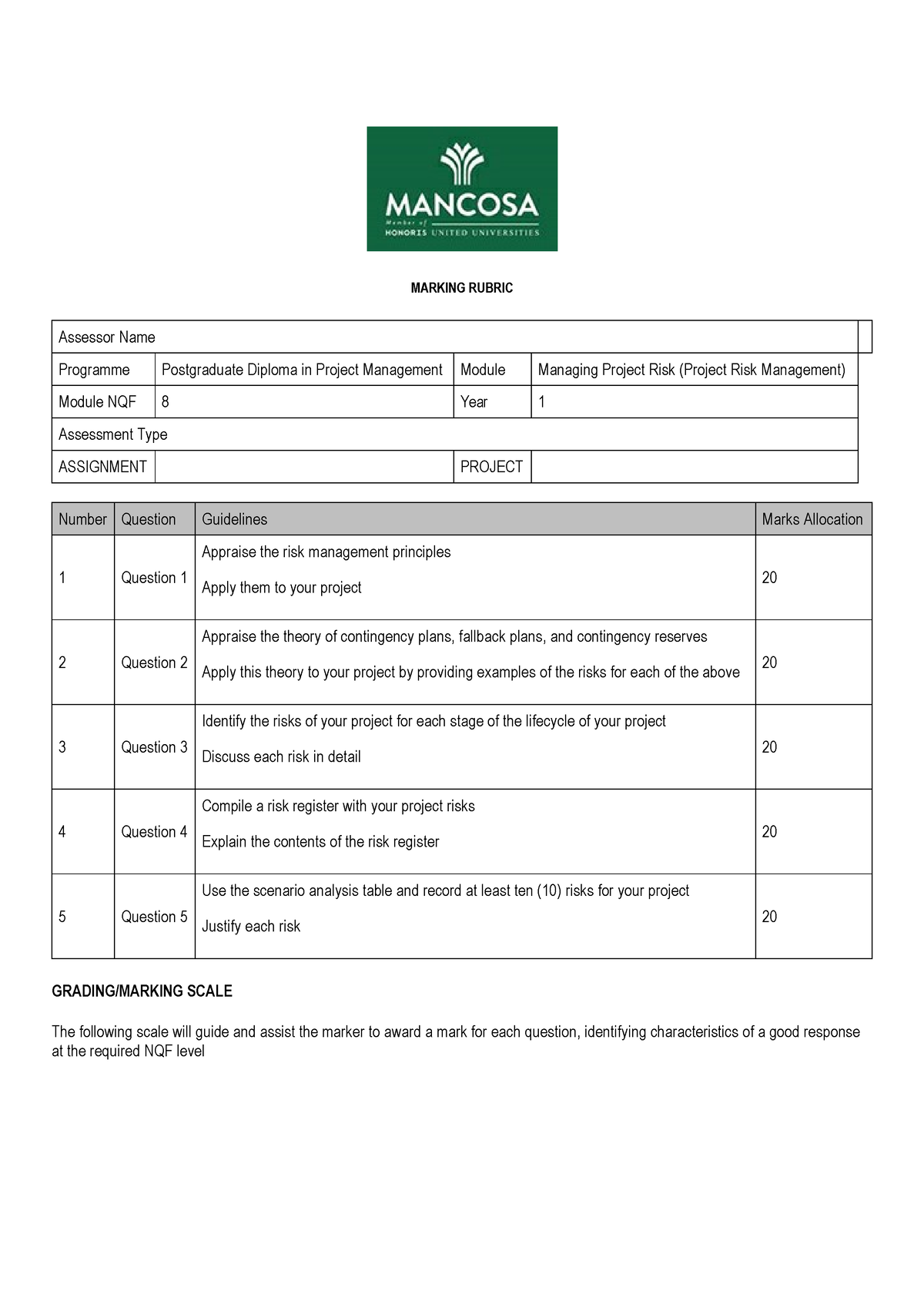 Rubric PROJ Jan23 Pgdpm MPRK8 Final 20221001103757 - PGDBM1 - MANCOSA ...