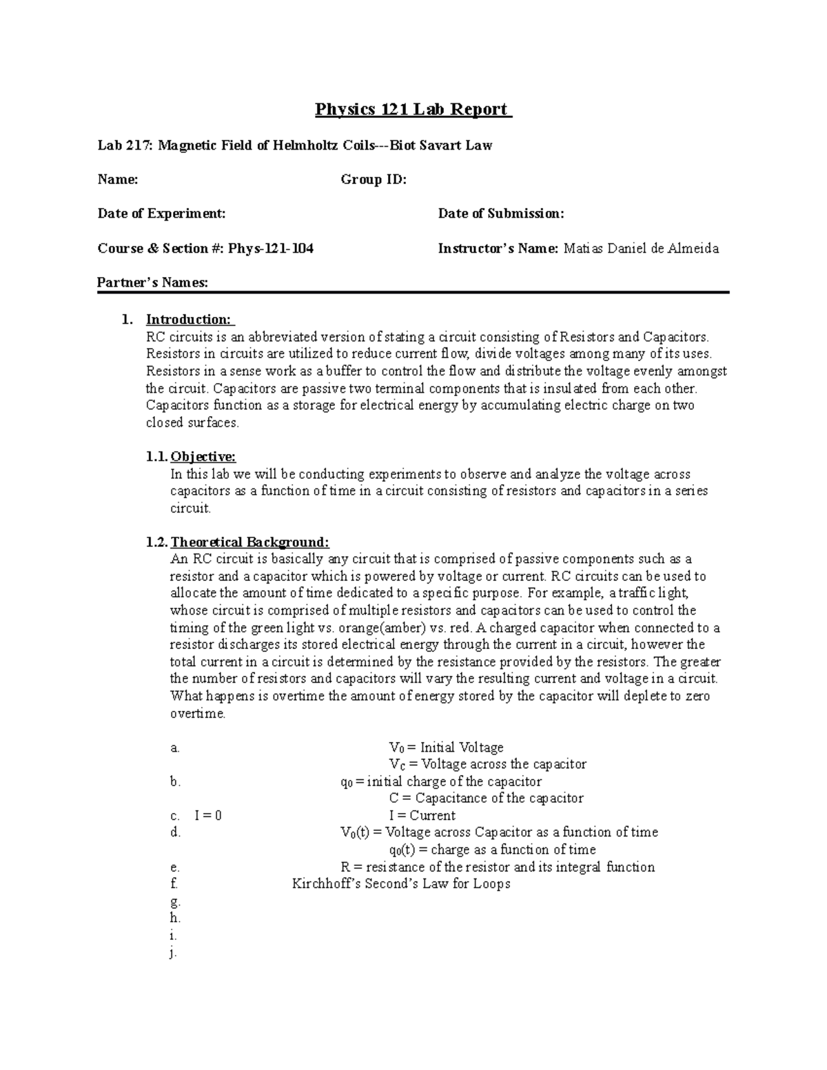 LAB 217 RC Circuits LAB Physics 121 Lab Report Lab 217