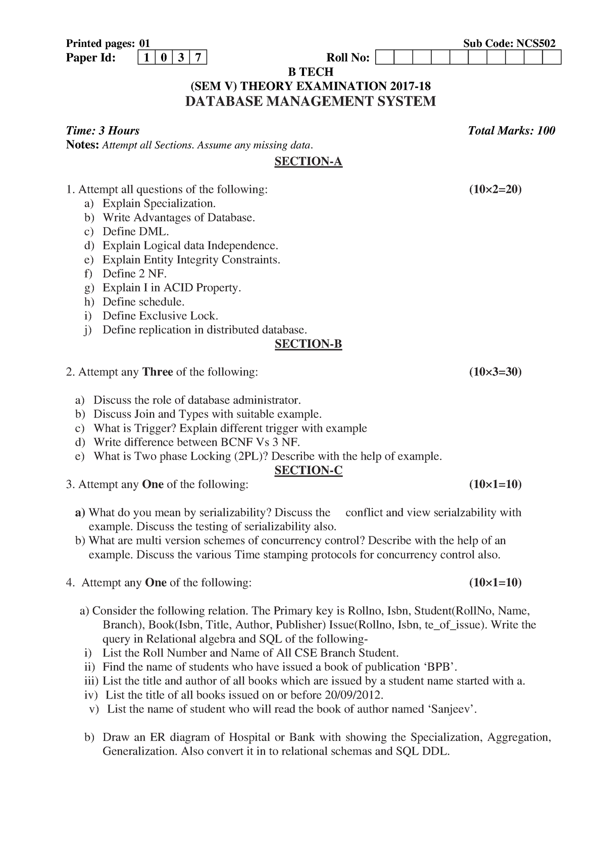 Database Management System NCS 502 - Printed pages: 01 Sub Code: NCS ...