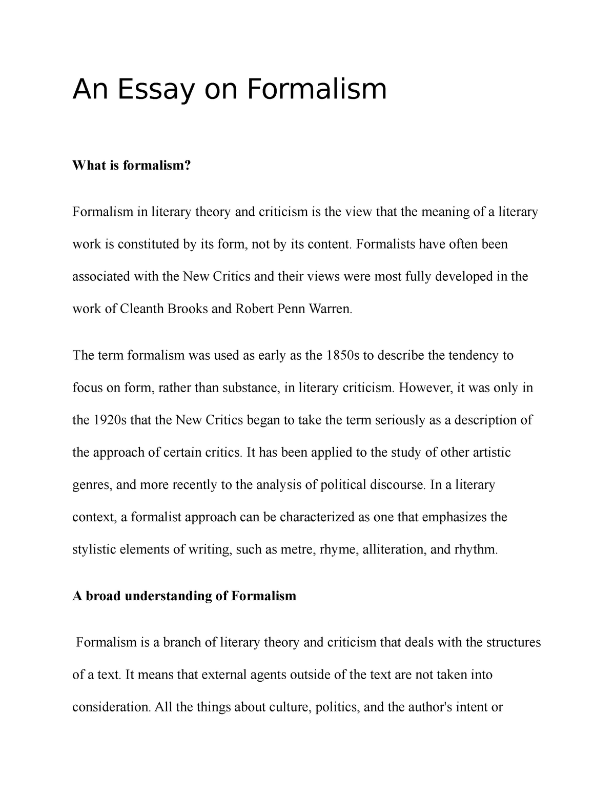 formalistic approach meaning essay