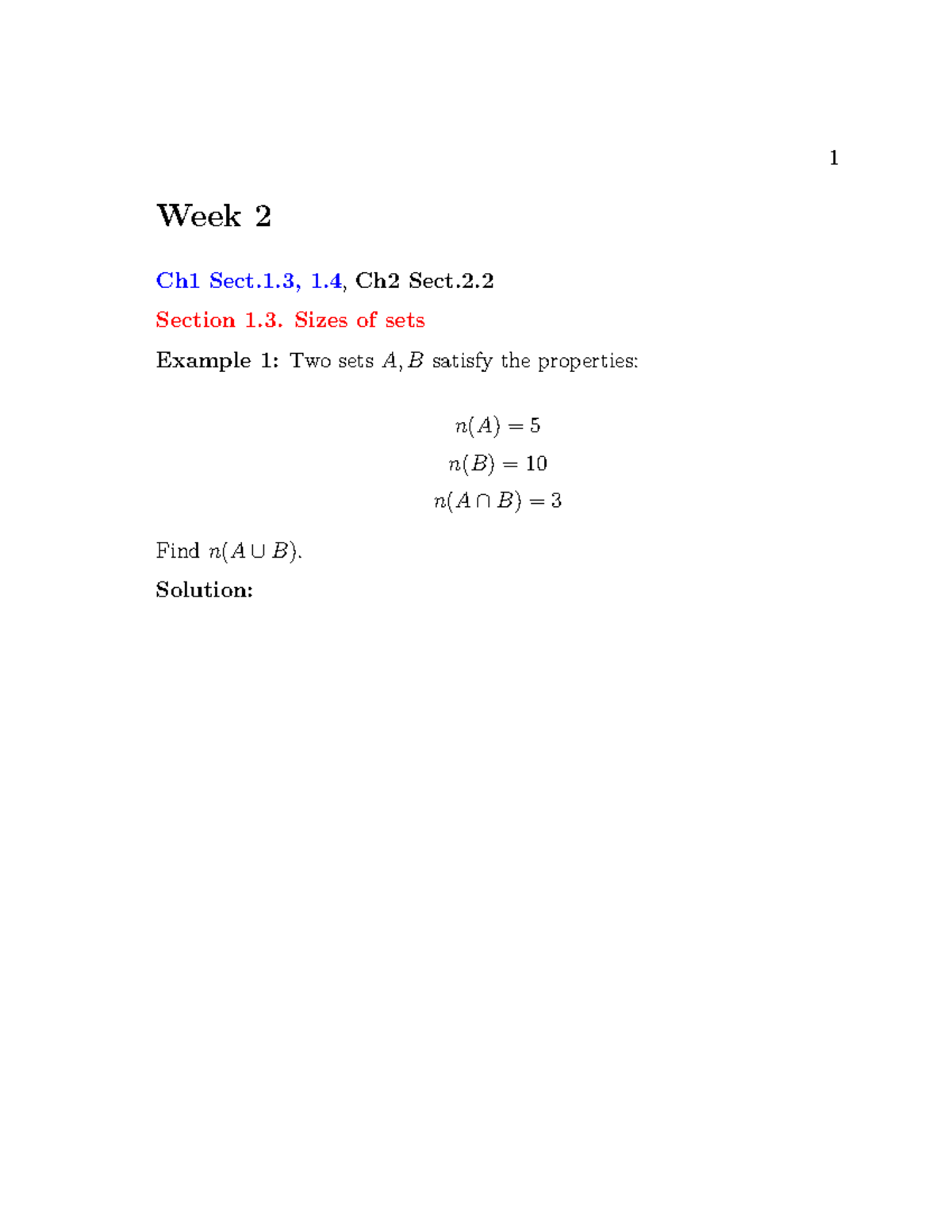 Week2 - Week 2 Ch1 Sect.1, 1,Ch2 Sect. Section 1. Sizes Of Sets Example ...