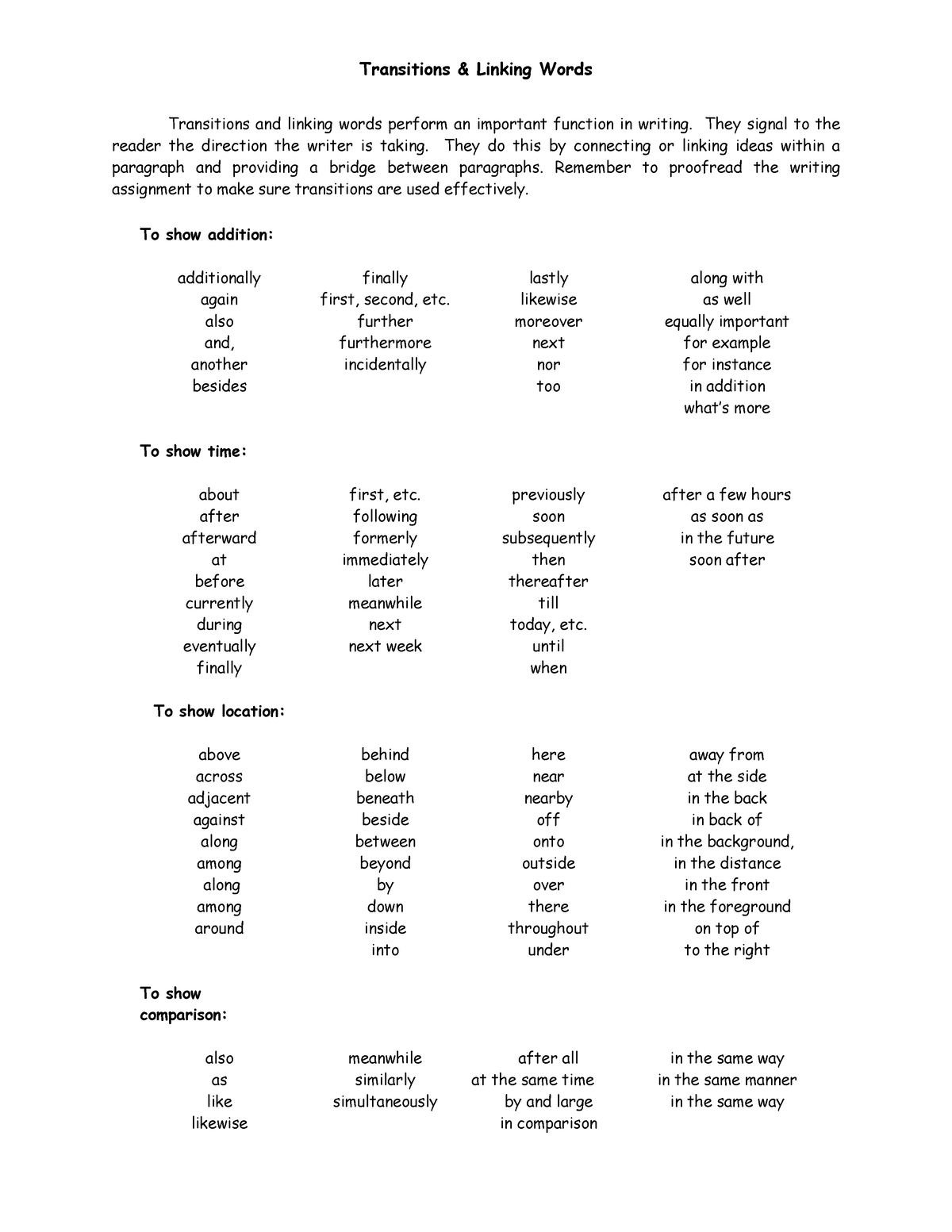 Sbp Englisch linking words - Transitions & Linking Words Transitions ...