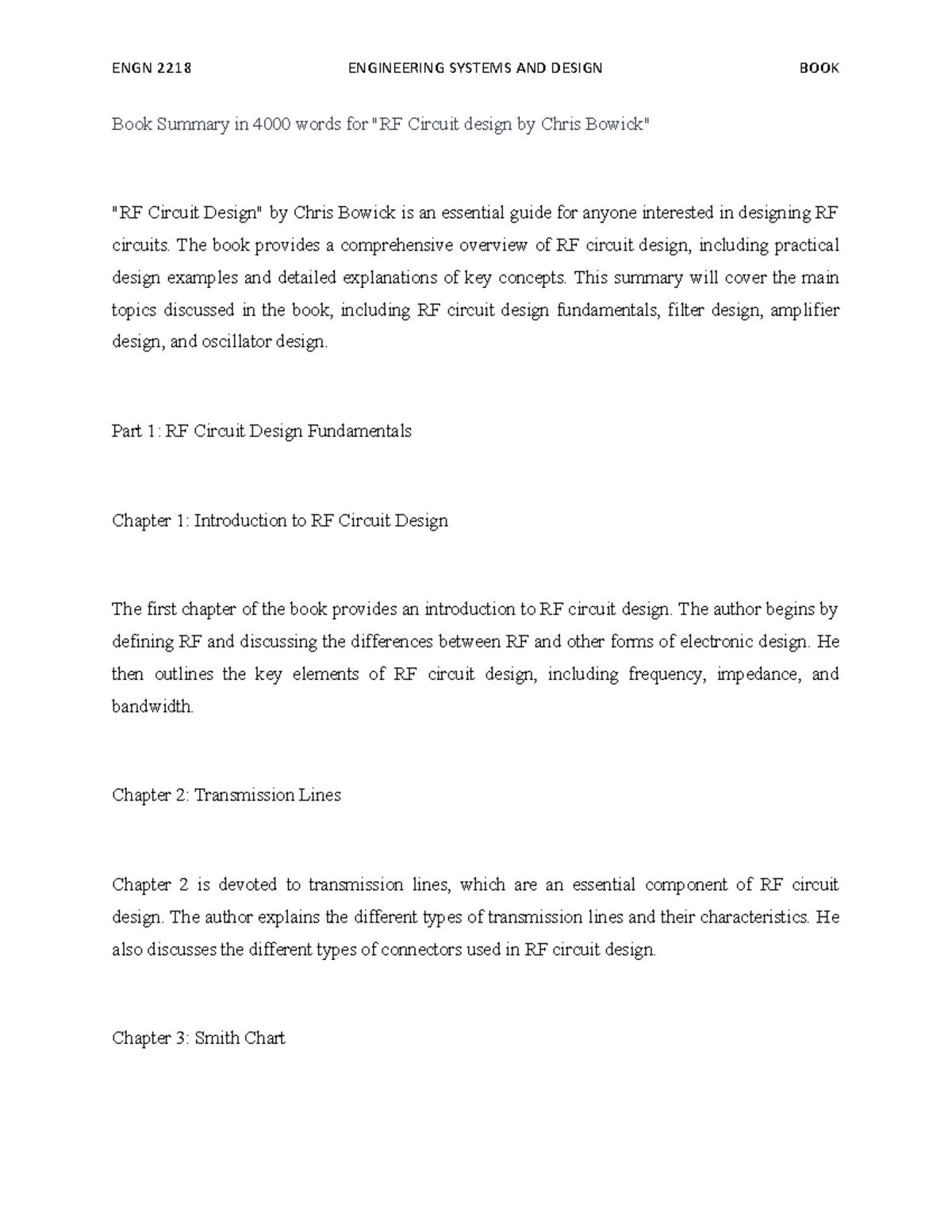 Book Summary for RF Circuit design by Chris Bowick Book Summary in