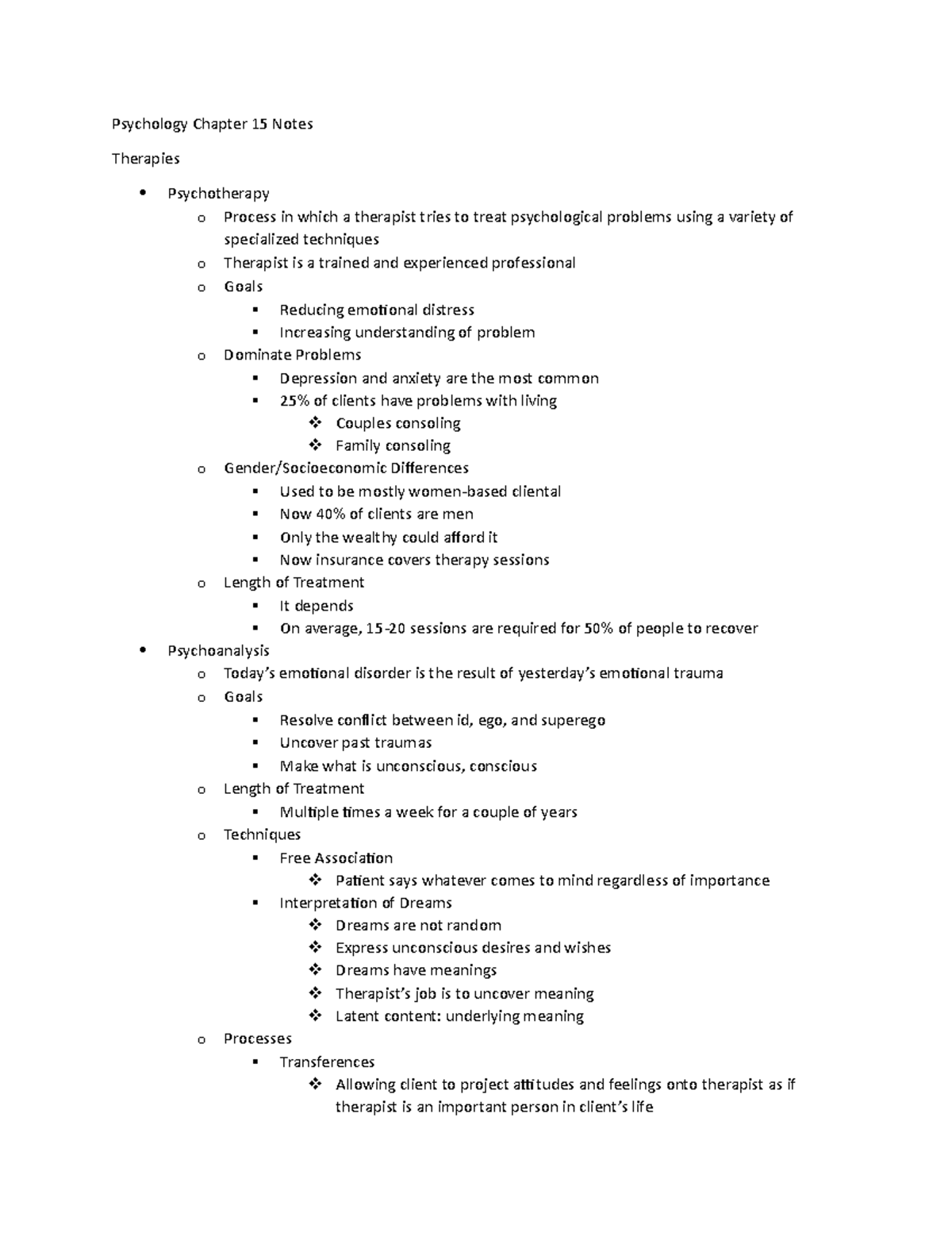 Psychology Chapter 15 Notes - Psychology Chapter 15 Notes Therapies ...