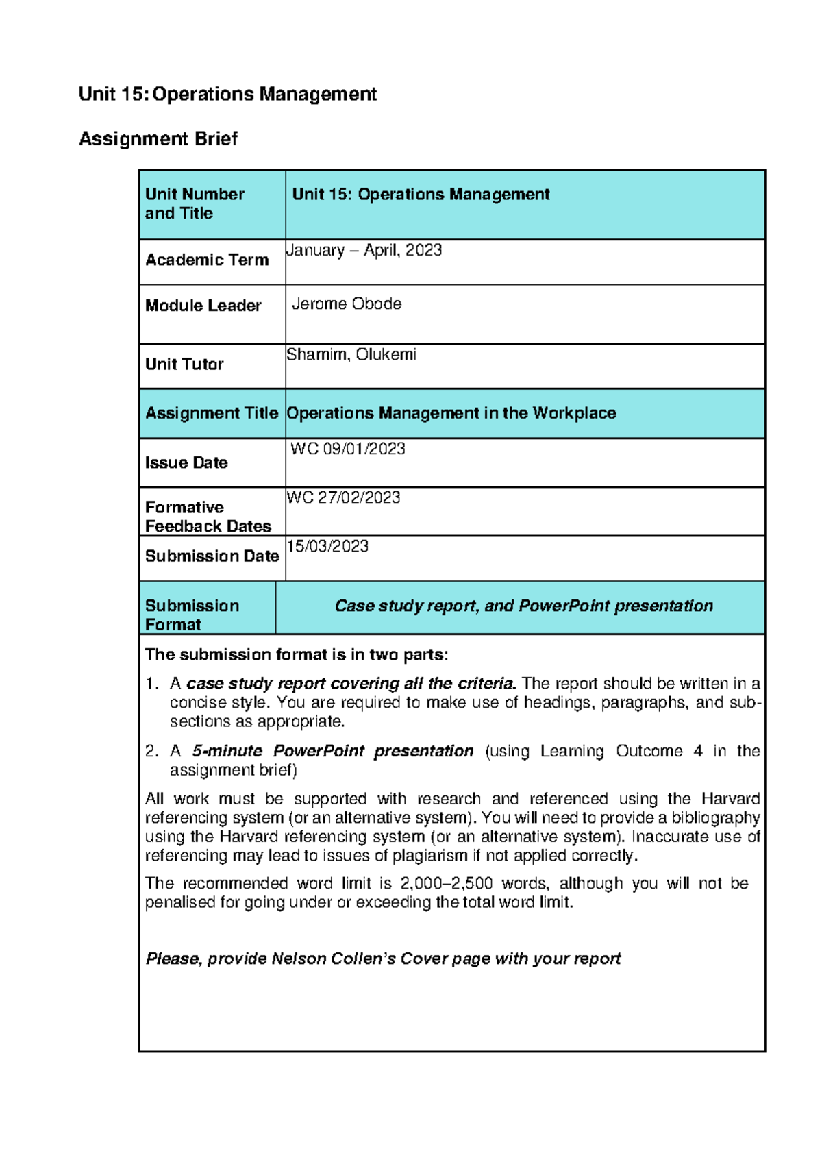 OM Assignment Brief Jan- March 2023 (New Semester) - Unit 15 ...
