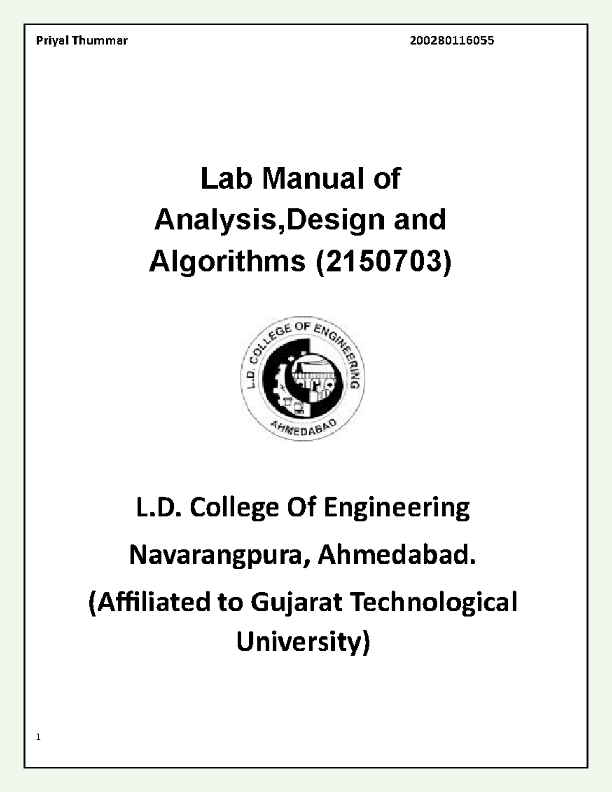 Lab Manual Of ADA - ADA - Lab Manual Of Analysis,Design And Algorithms ...