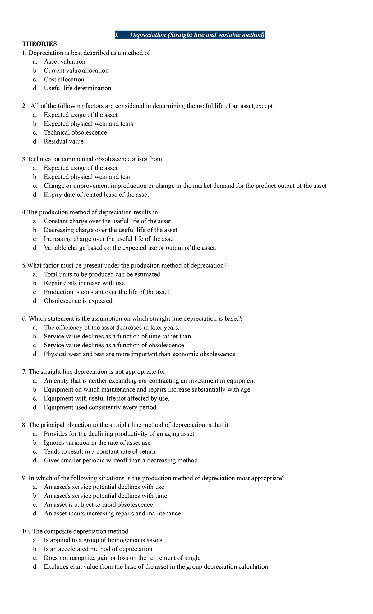 IA Depreciation - Revaluation Sample Quiz - I. Depreciation (Straight ...