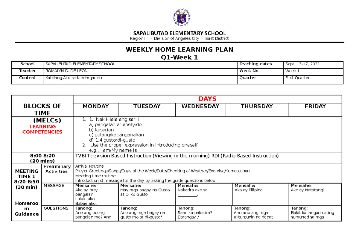 WHLP-Q1- Week 1 - Weekly Home Learning Plan - SAPALIBUTAD ELEMENTARY ...