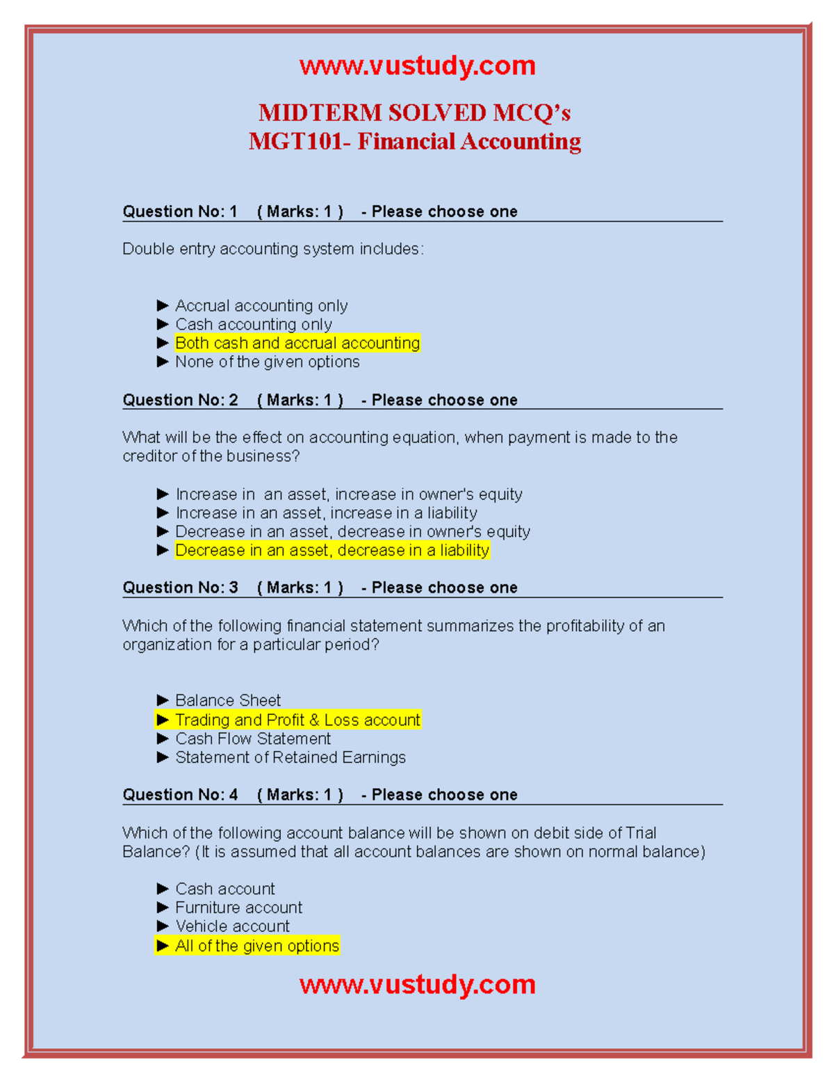 mth 101 - MIDTERM SOLVED MCQ’s MGT101- Financial Accounting Question No ...