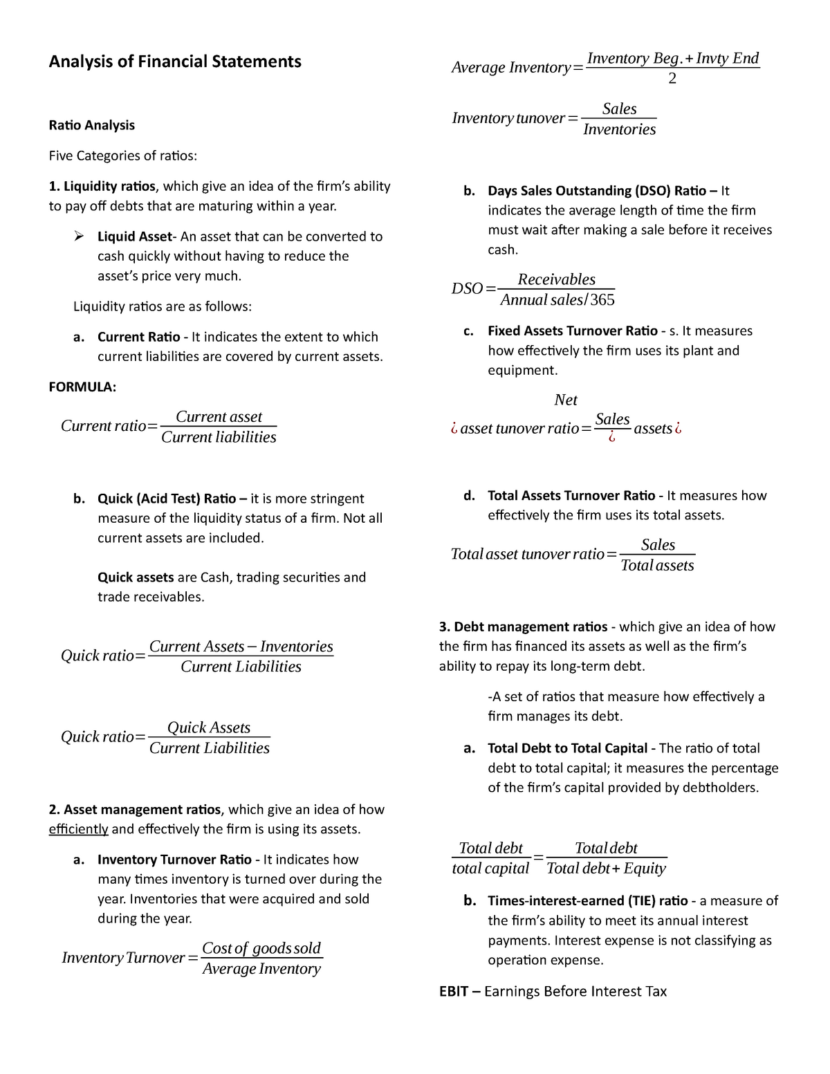 financial-management-summary-of-ratio-analysis-analysis-of-financial