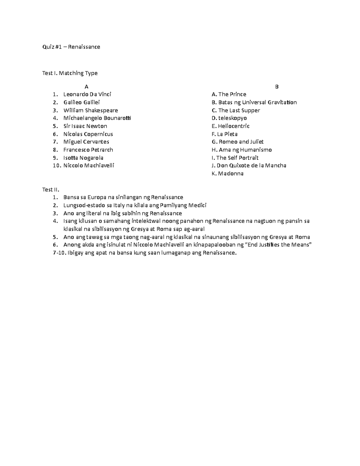 Q3-Quiz1-Renaissance - Quiz #1 – Renaissance Test I. Matching Type A B ...