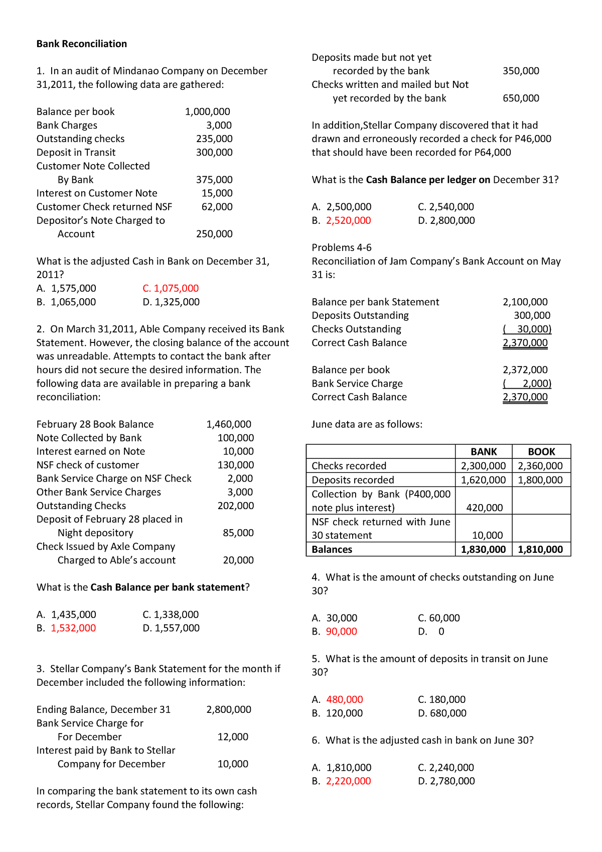 Bank Reconcilliation Sample Test With Answer - Bank Reconciliation In ...