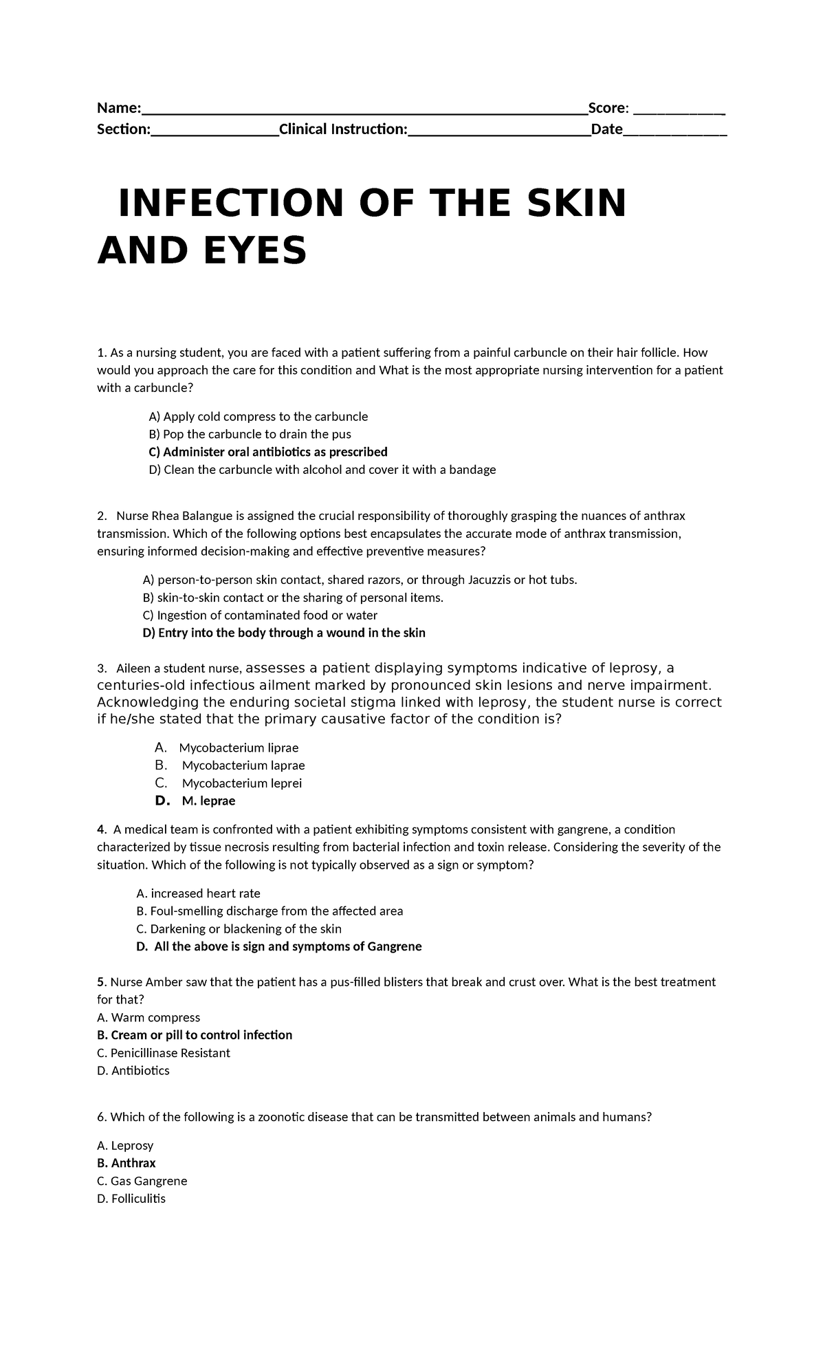 Infections of the skins - Name: Score: ___________ Section: Clinical ...