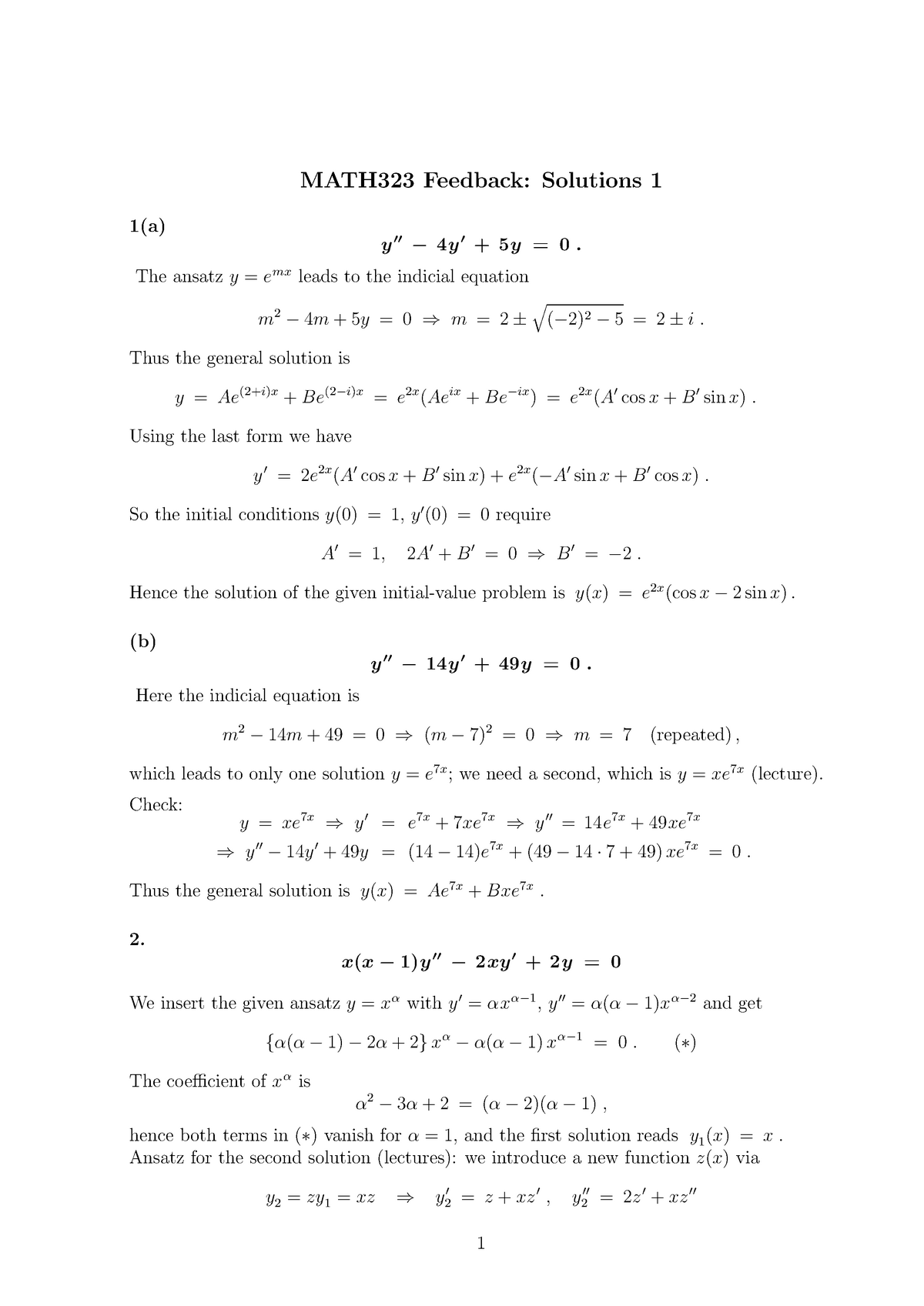 Problem Sheet 1 Solutions Math323 Feedback Solutions 1 1 A Y 00 4y 0 5y 0 The Ansatz Y Studocu