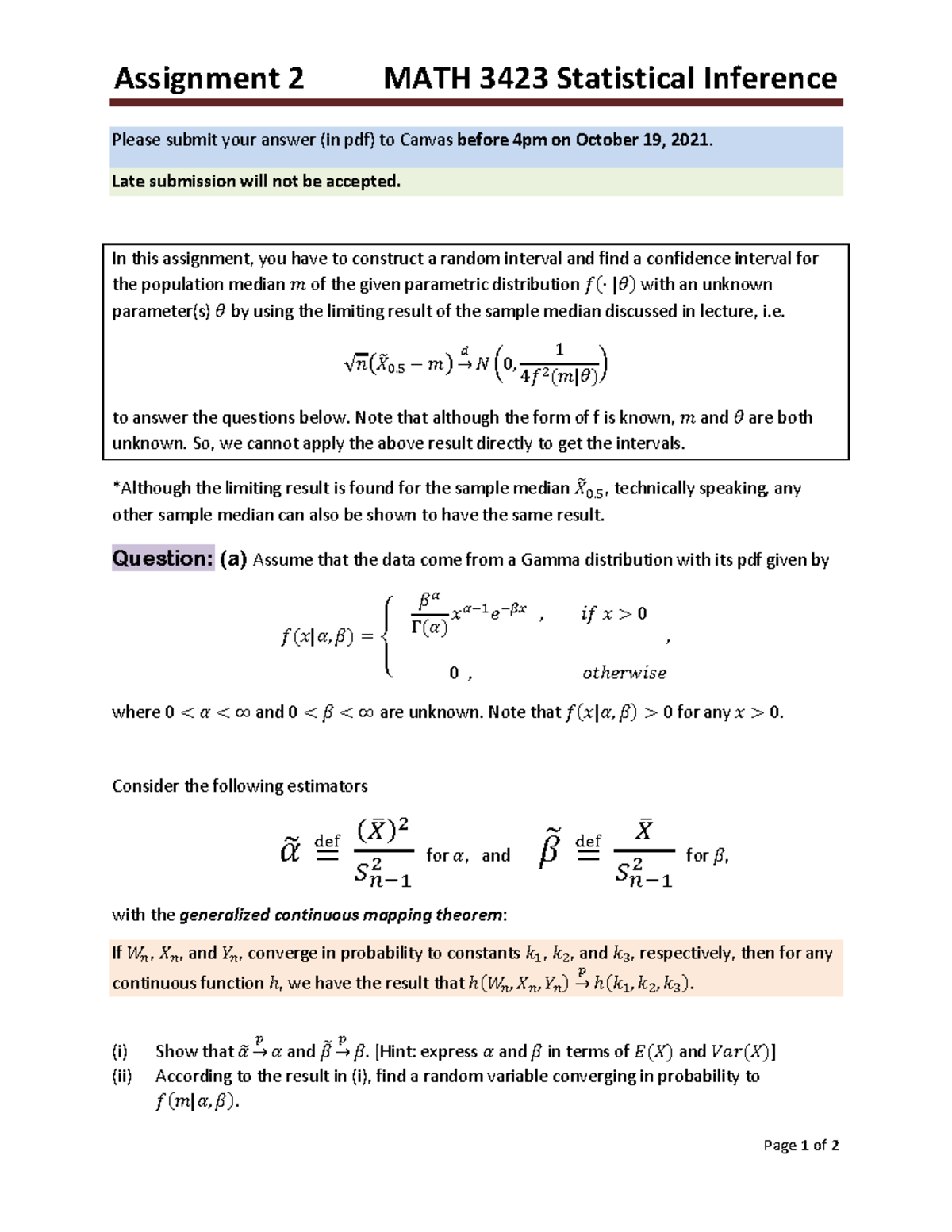 Math3423 2021Fall Assignment 2 - Assignment 2 MATH 3423 Statistical ...