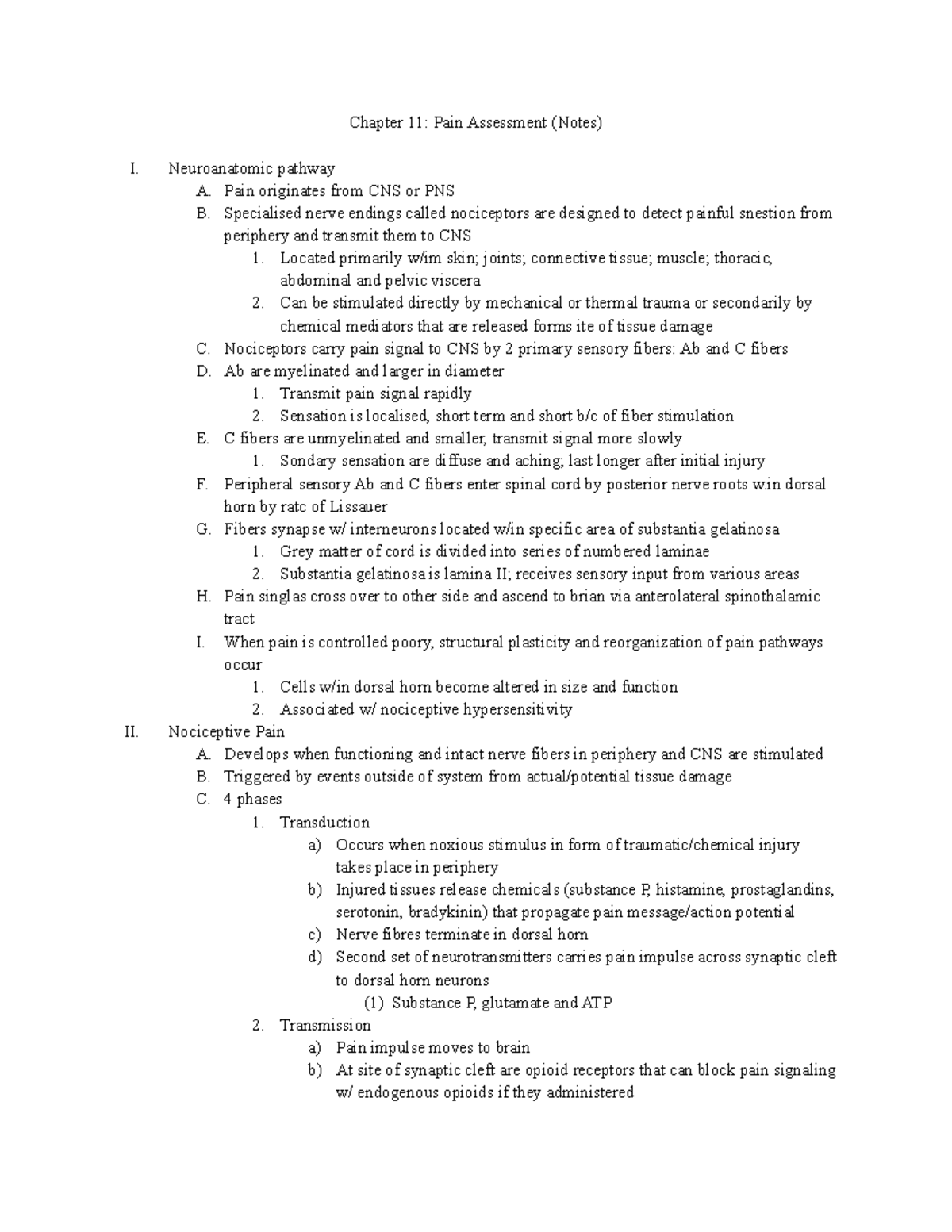 Chapter 11 Pain Assessment (notes) - Chapter 11: Pain Assessment (notes 