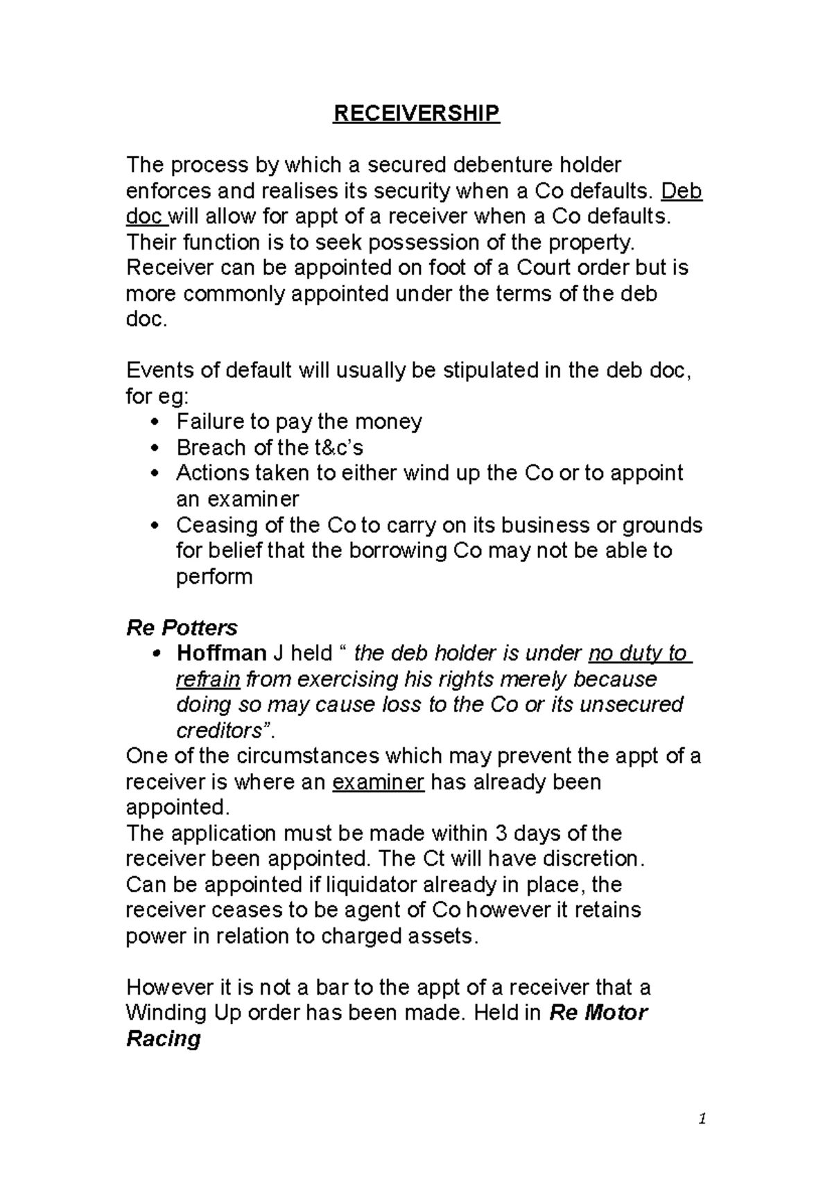 Receivership notes - Receivership Receiver – appointed on behalf of ...