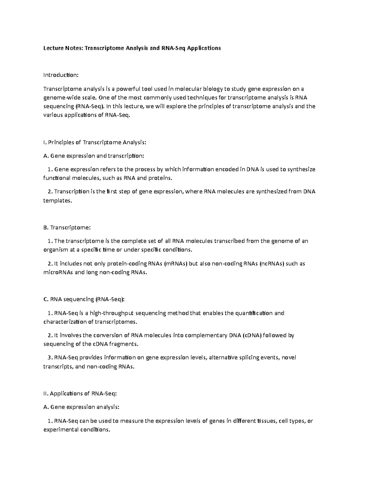 Lecture Notes: Transcriptome Analysis and RNA-Seq Applications ...