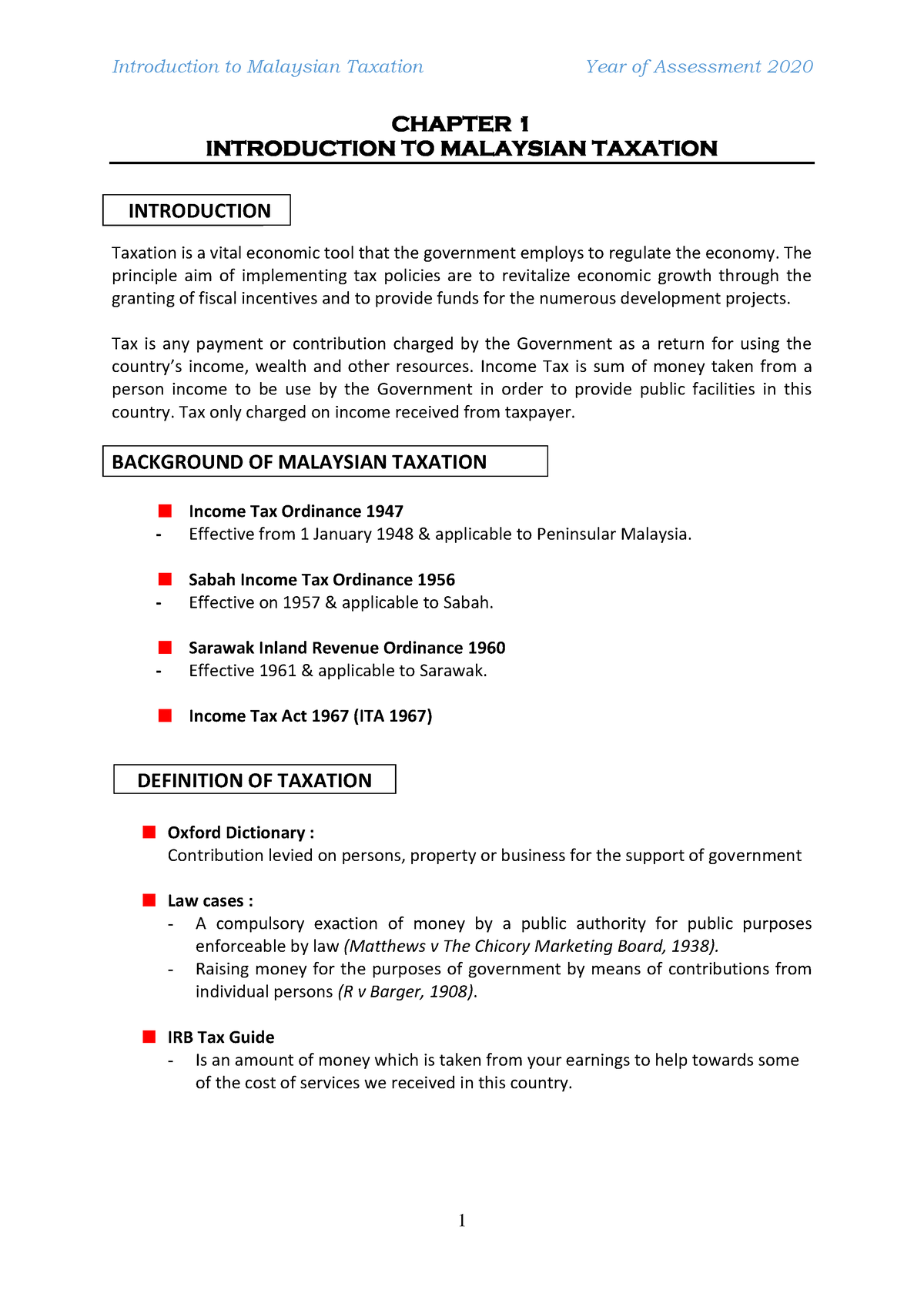 Chapter 1 - CHAPTER 1 INTRODUCTION TO MALAYSIAN TAXATION INTRODUCTION ...