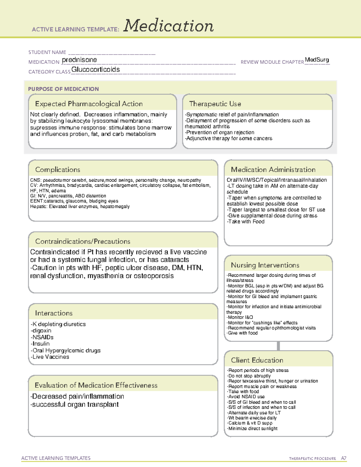 Prednisone Med Sheet (Pain & Inflammation) - ACTIVE LEARNING TEMPLATES ...