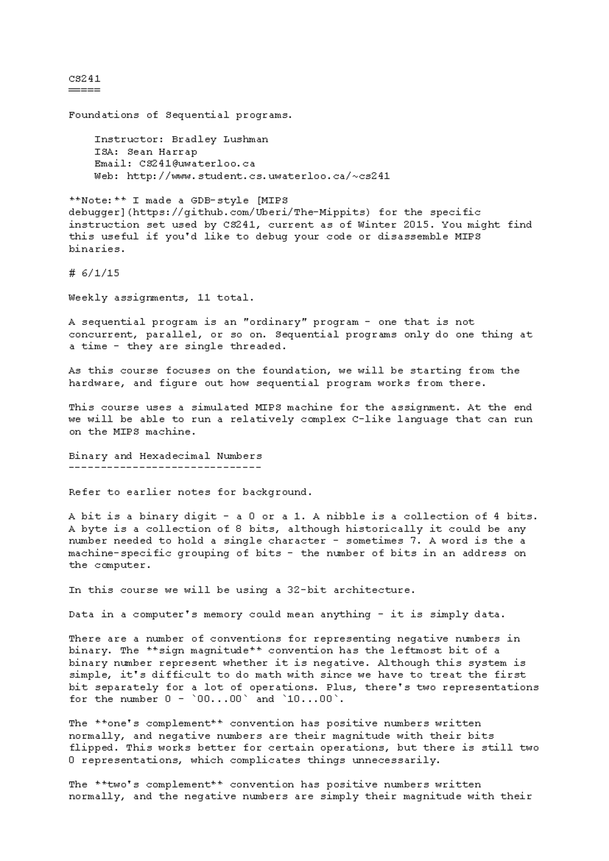 CS241 Lecture Notes - CS ===== Foundations of Sequential programs ...